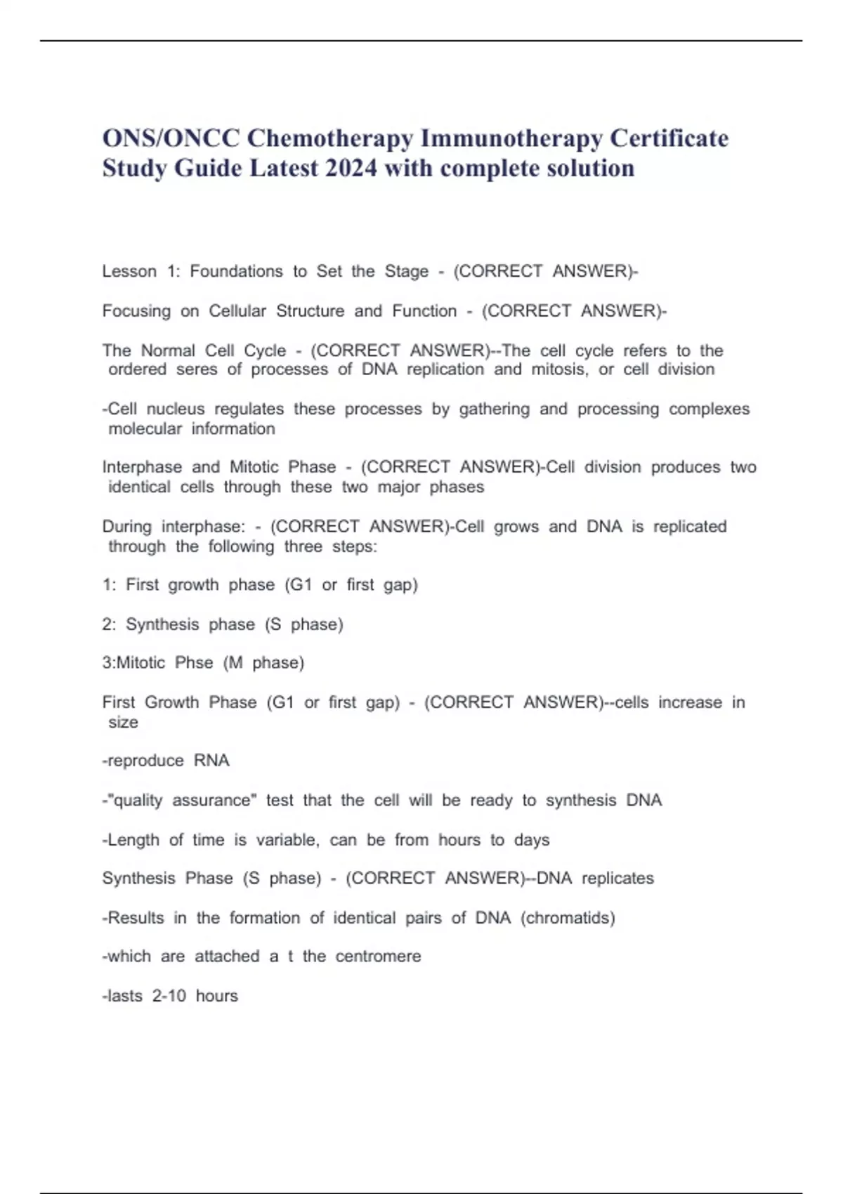 ONS/ONCC Chemotherapy Immunotherapy Certificate Study Guide Latest 2024 ...