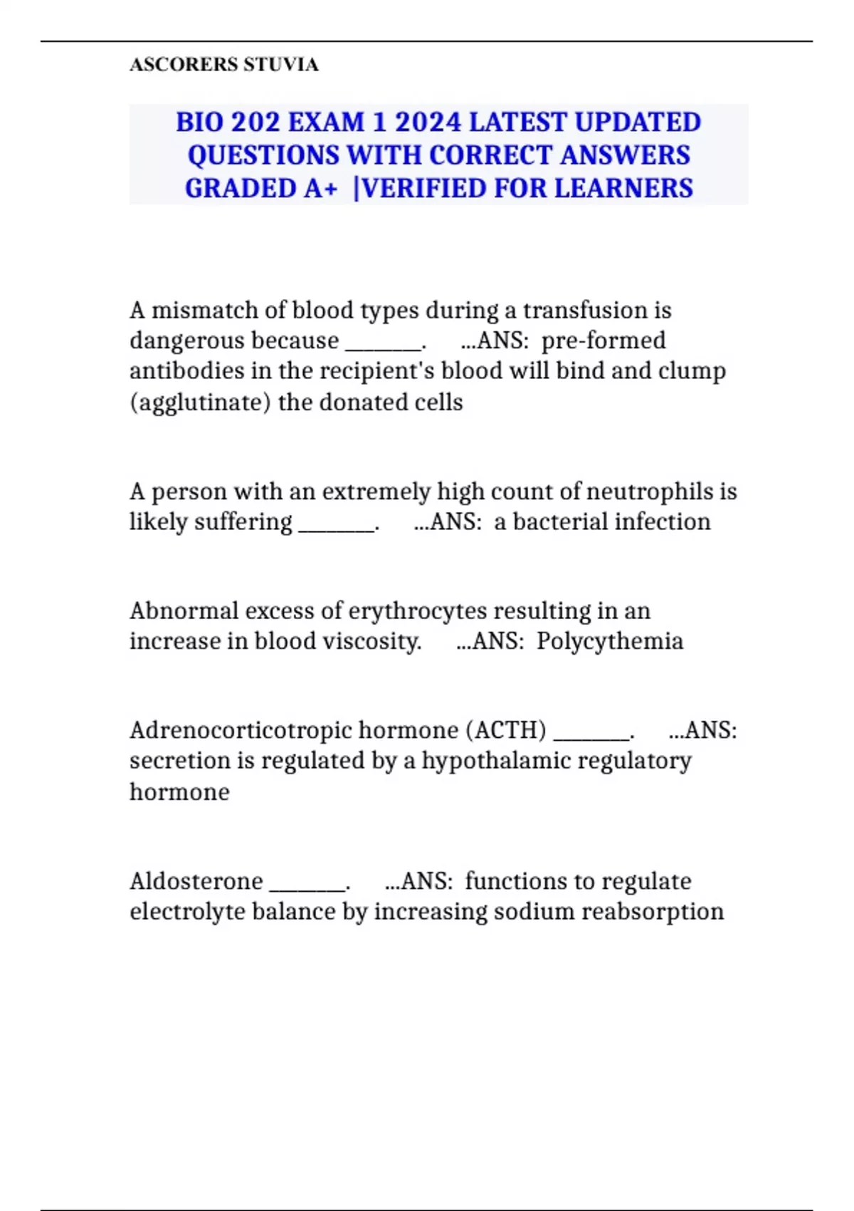 BIO 202 EXAM 1 2024 LATEST UPDATED QUESTIONS WITH CORRECT ANSWERS ...