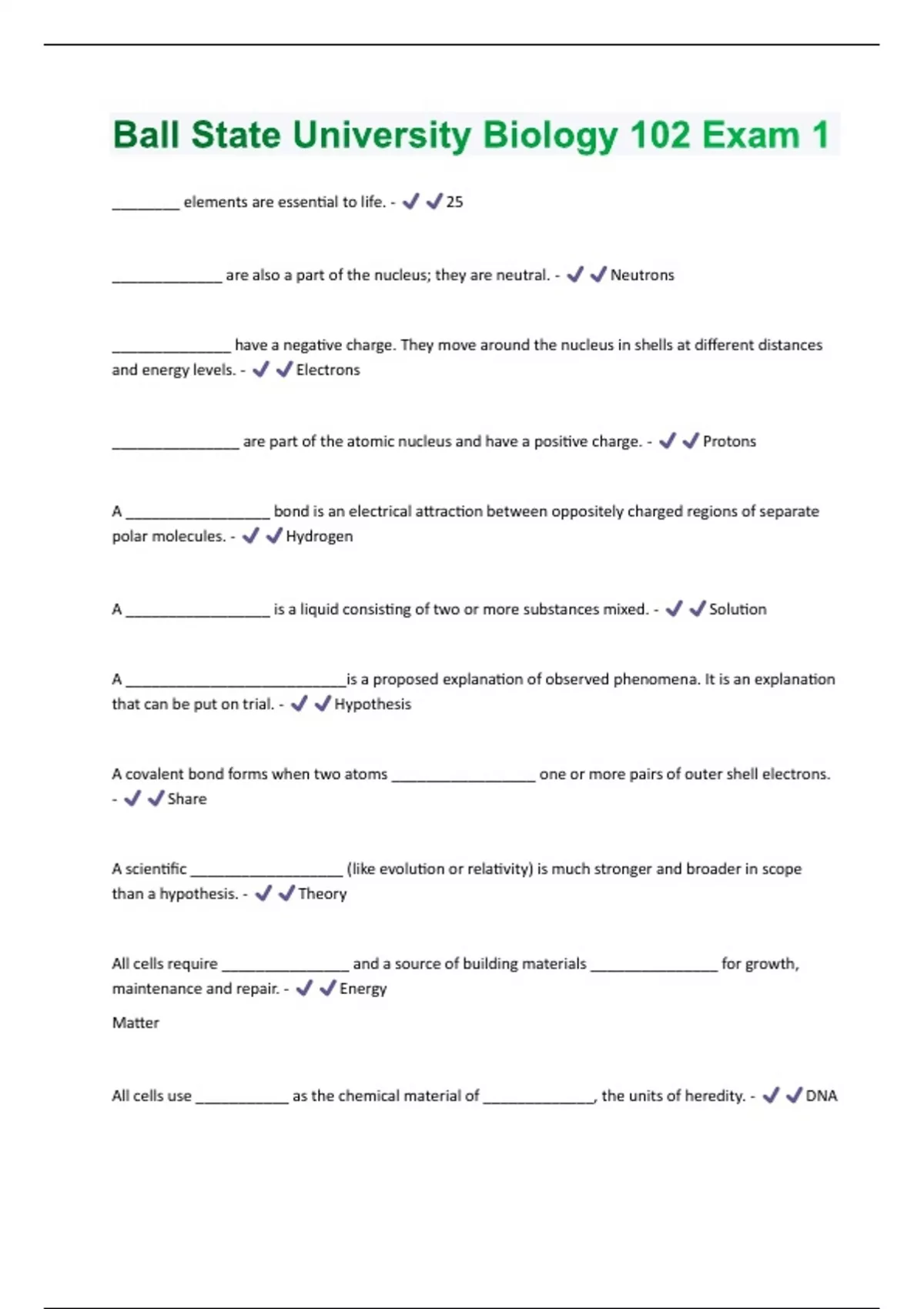 Ball State University Biology 102 Exam 1 2024/2025 Questions and ...