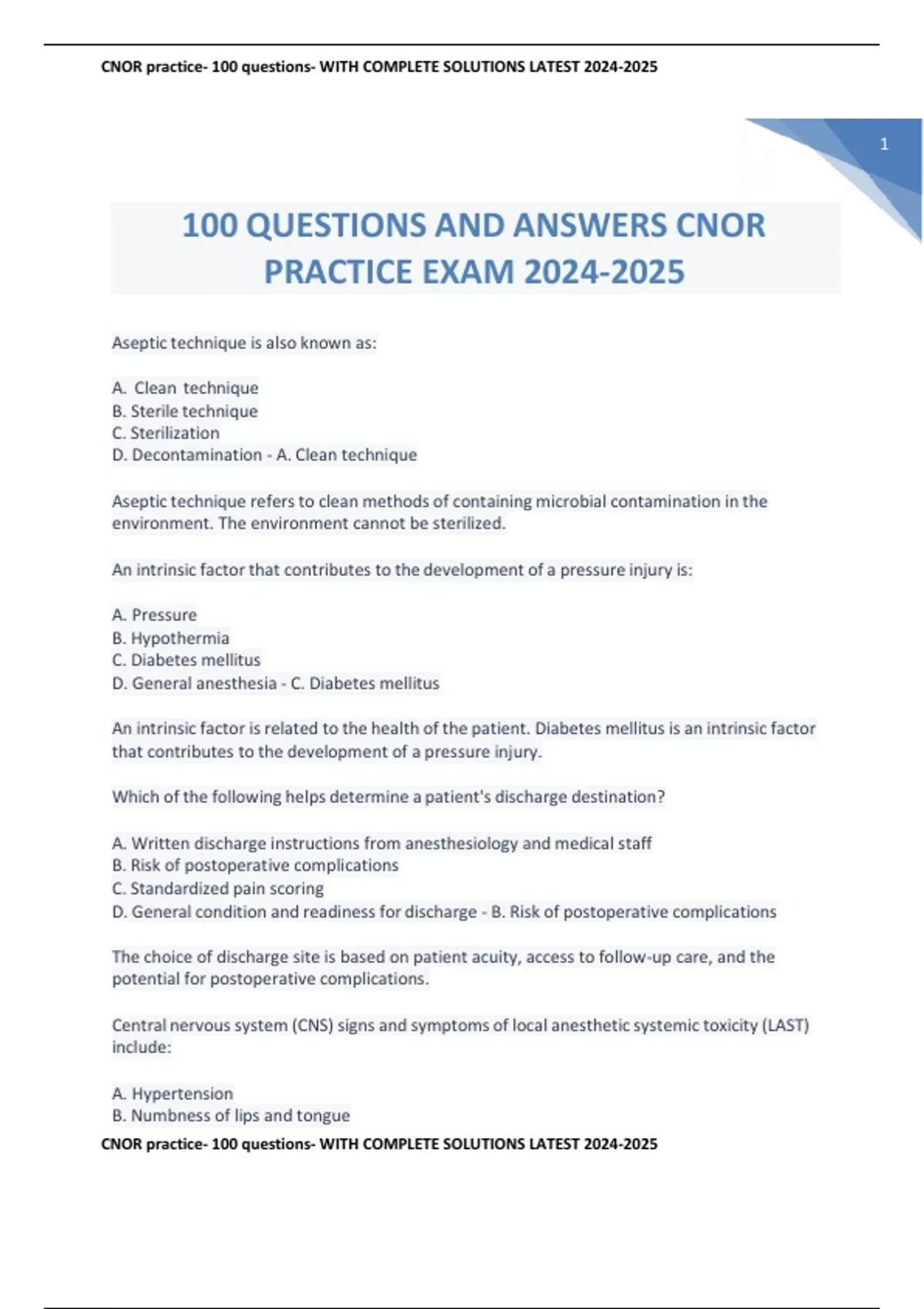 CNOR practice- 100 questions- WITH COMPLETE SOLUTIONS LATEST - Cnor ...