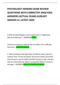 PSYCHOLOGY HONORS EXAM REVIEW QUESTIONS WITH CORRECTRY ANALYZED ANSWERS &lpar;ACTUAL EXAM&rpar; ALREADY GRADED A&plus; LATEST 2024