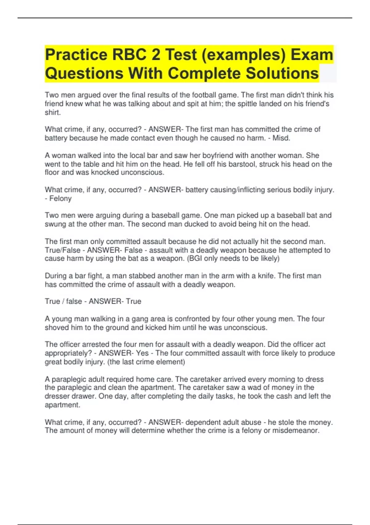 Practice RBC 2 Test (examples) Exam Questions With Complete Solutions ...