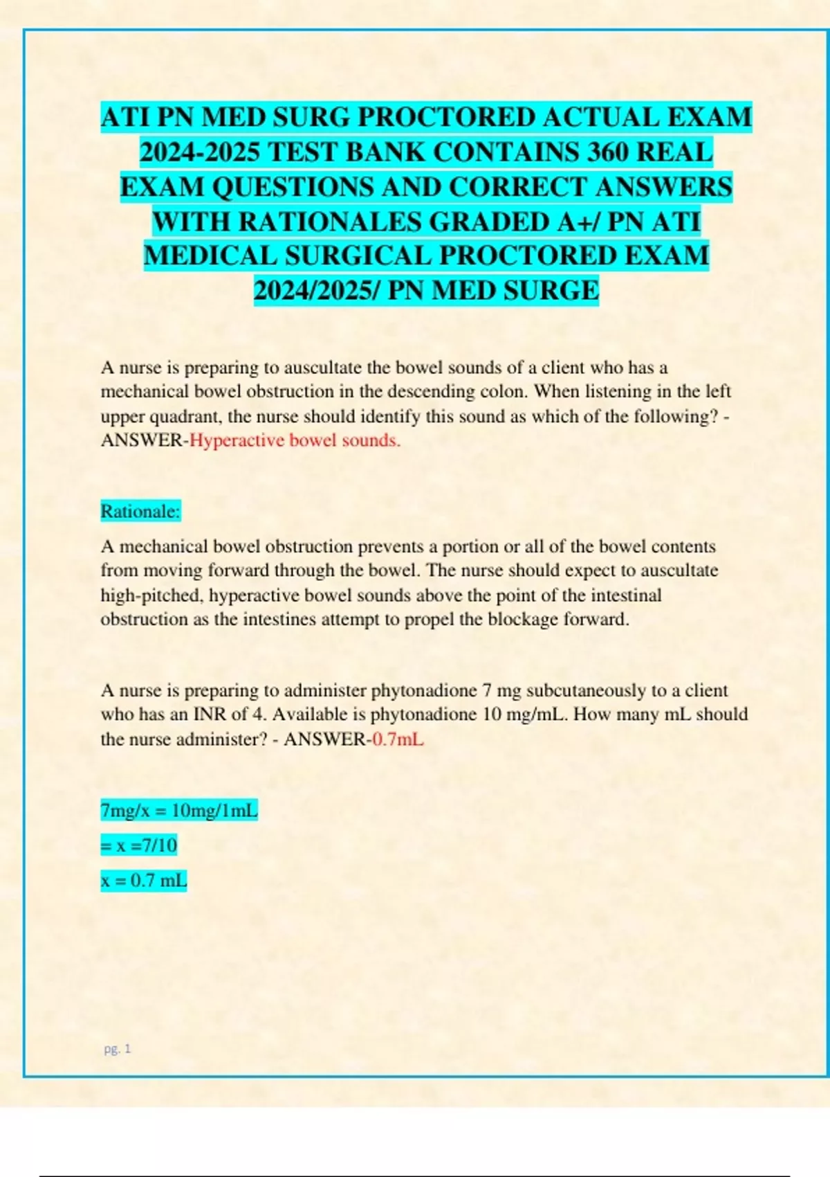 ATI PN MED SURG PROCTORED ACTUAL EXAM TEST BANK CONTAINS 360 REAL EXAM