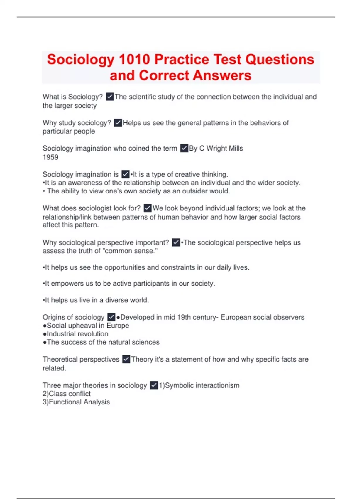 Sociology 1010 Practice Test Questions and Correct Answers - SOC 1010 ...