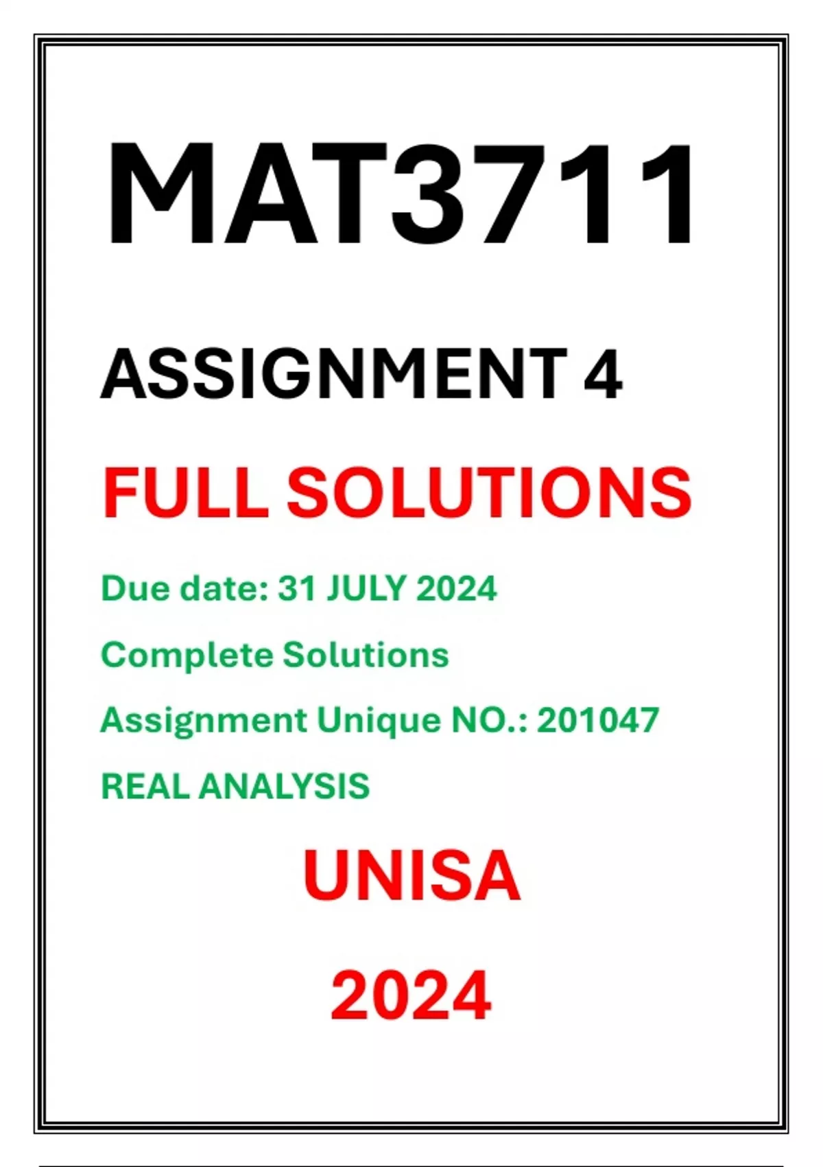 MAT3711 Assignment 4 Complete Solutions UNISA 2024 Due date 31 July ...