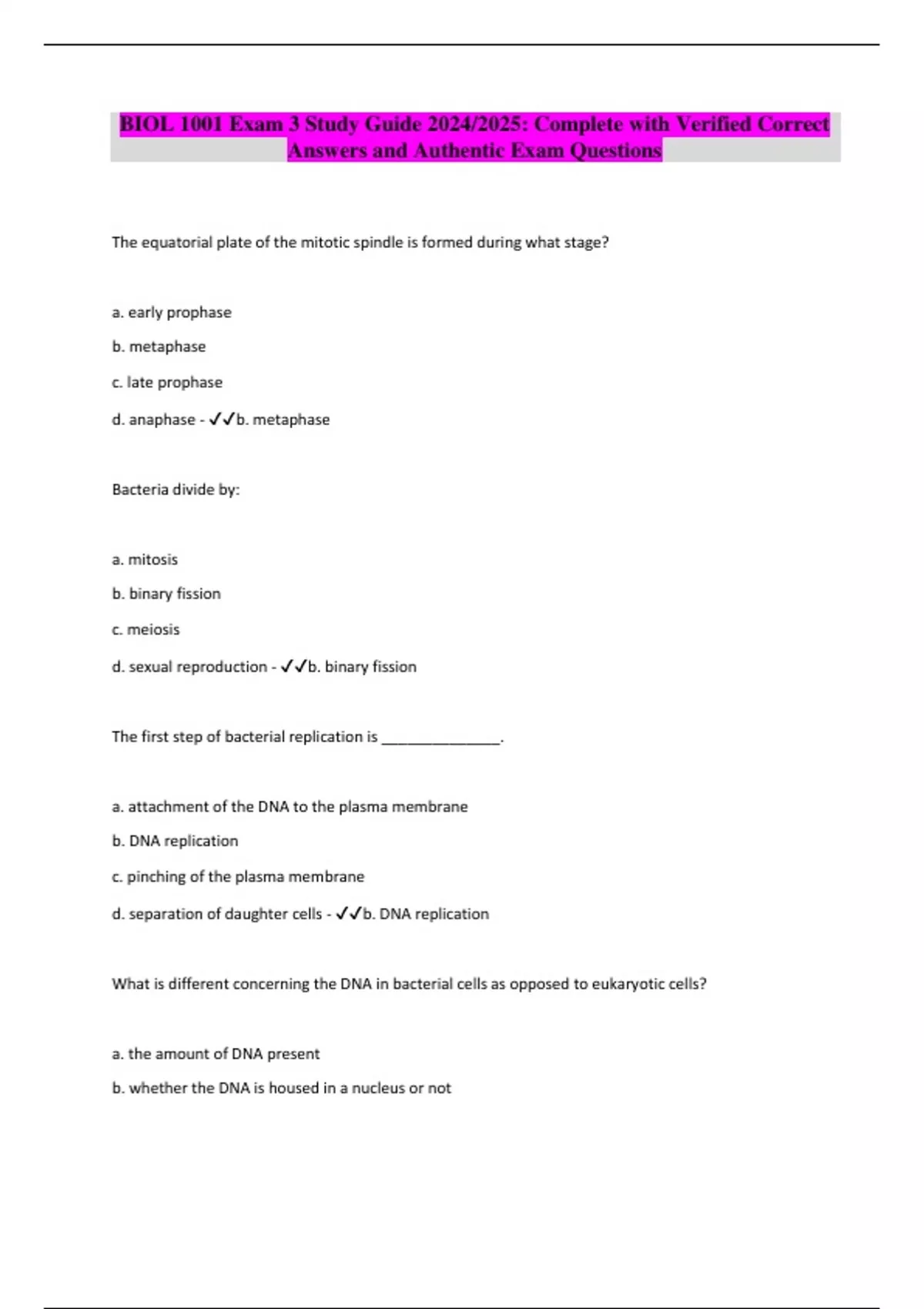 BIOL 1001 Exam 3 Study Guide 2024/2025: Complete with Verified Correct ...