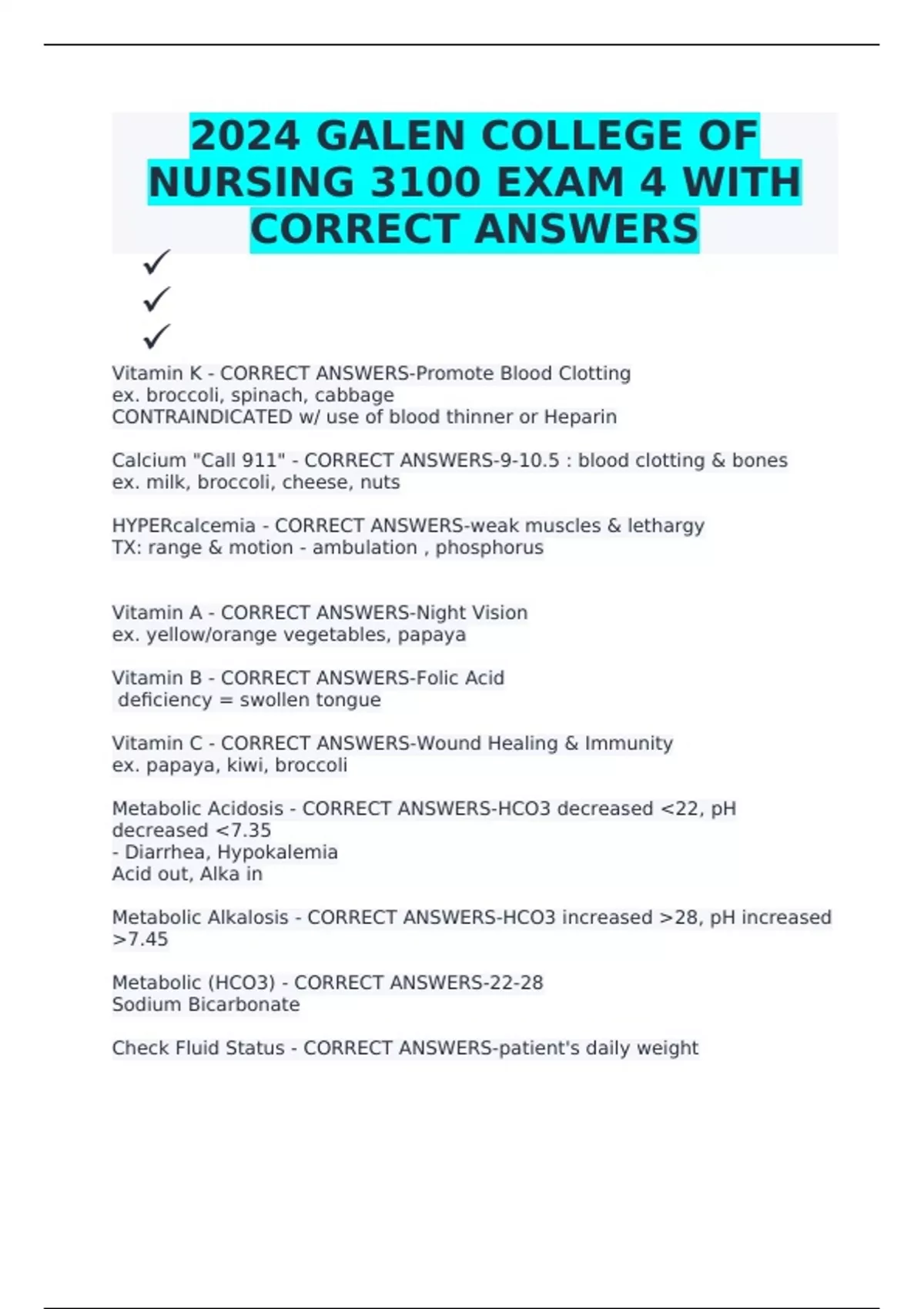 2024 GALEN COLLEGE OF NURSING 3100 EXAM 4 WITH CORRECT ANSWERS GALEN