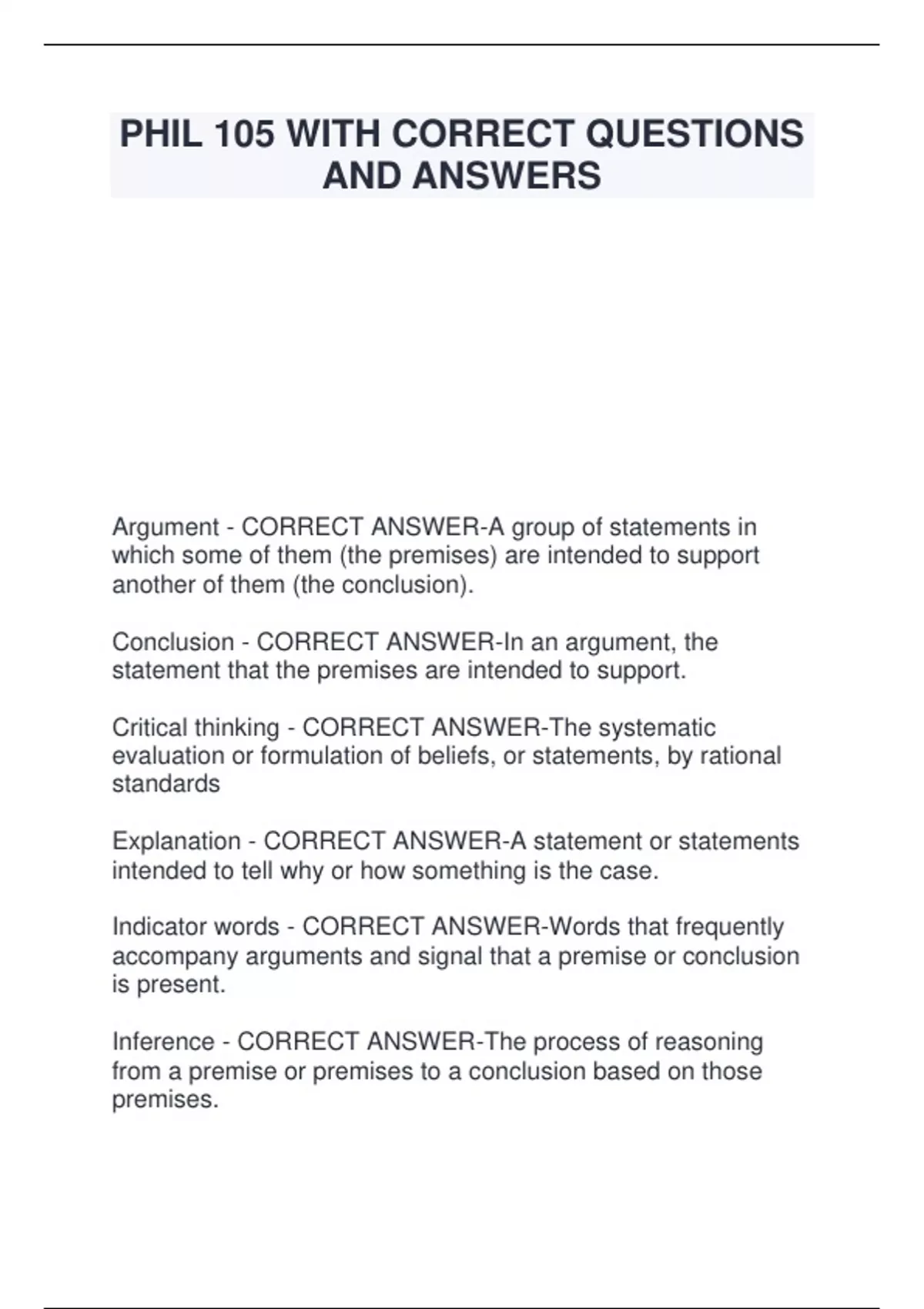 PHIL 105 WITH CORRECT QUESTIONS AND ANSWERS - PHIL - Stuvia US