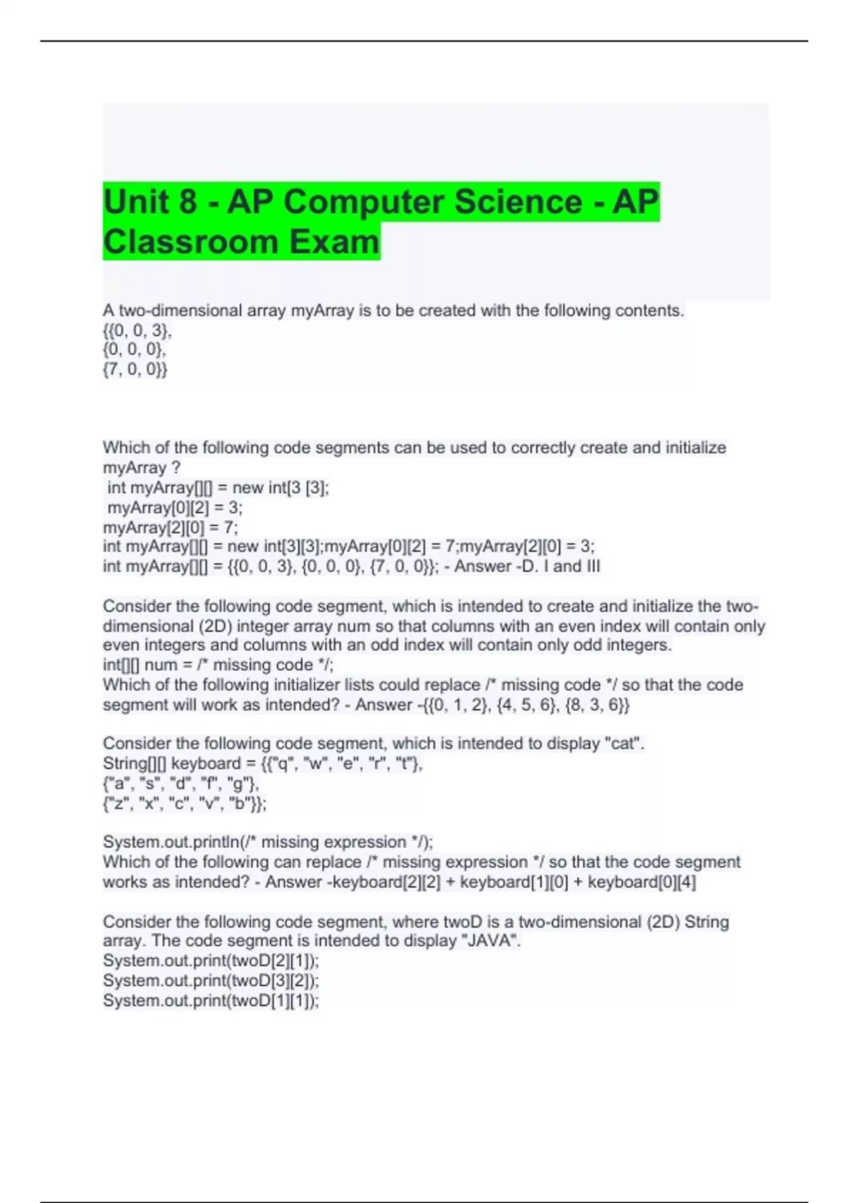 Unit 8 - AP Computer Science - AP Classroom Exam Questions and Answers ...