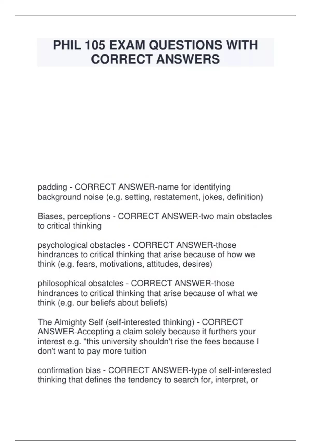 PHIL 105 EXAM QUESTIONS WITH CORRECT ANSWERS - PHIL - Stuvia US