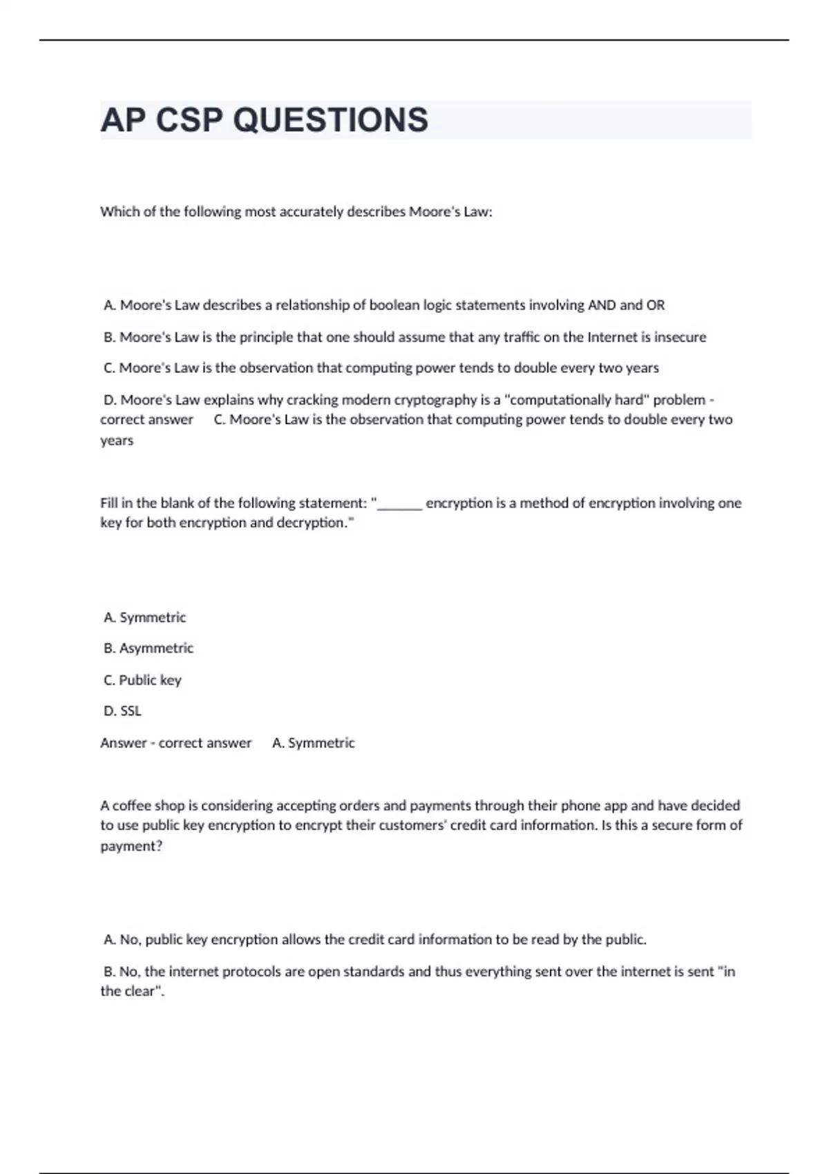 AP CSP QUESTIONS And Correct Detailed Verified Answers. - AP CSP ...