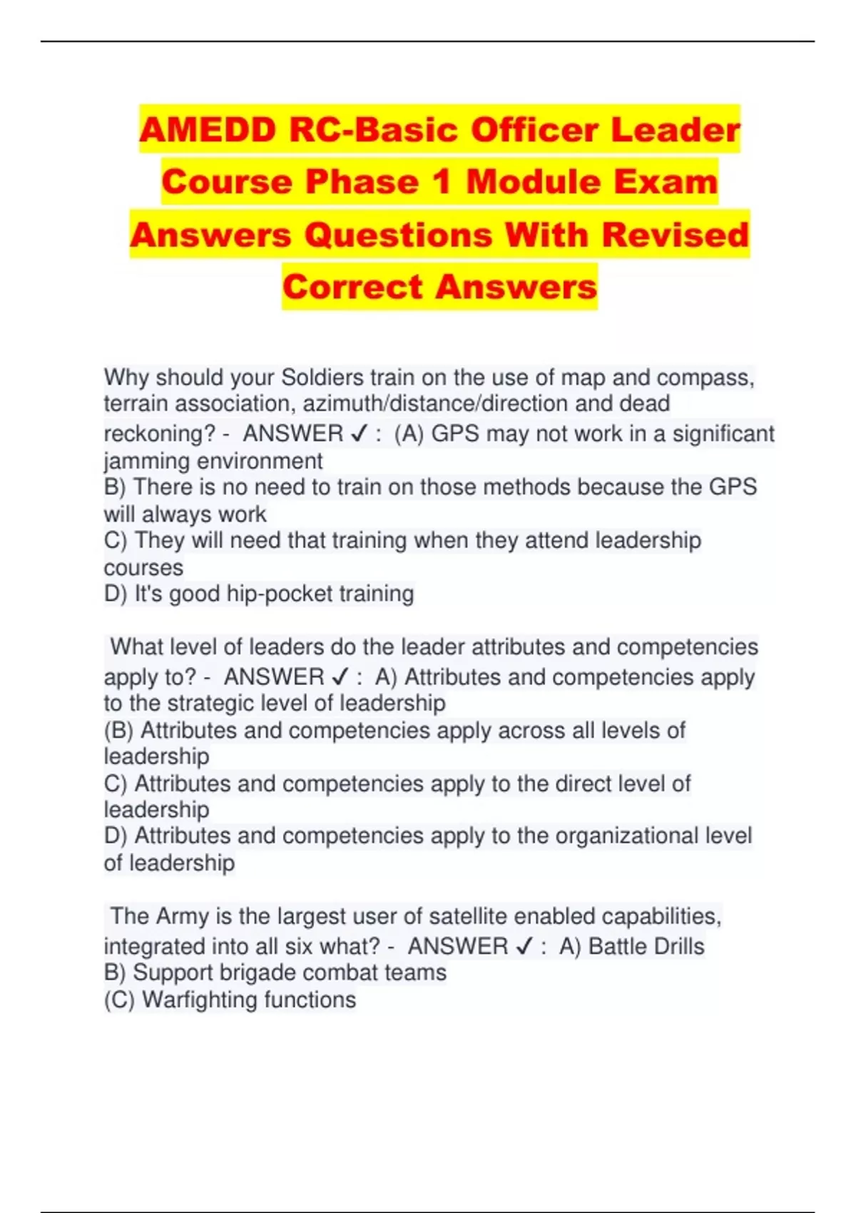Amedd Rdm AMEDD RC-Basic Officer Leader Course Phase 1 Module Exam Answers ...