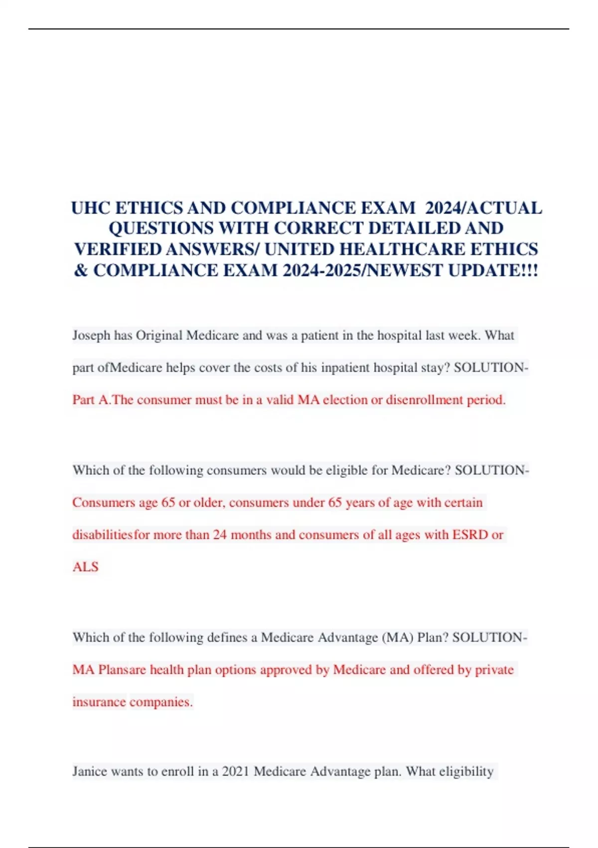 UHC ETHICS AND COMPLIANCE EXAM 2024/ACTUAL QUESTIONS WITH CORRECT ...