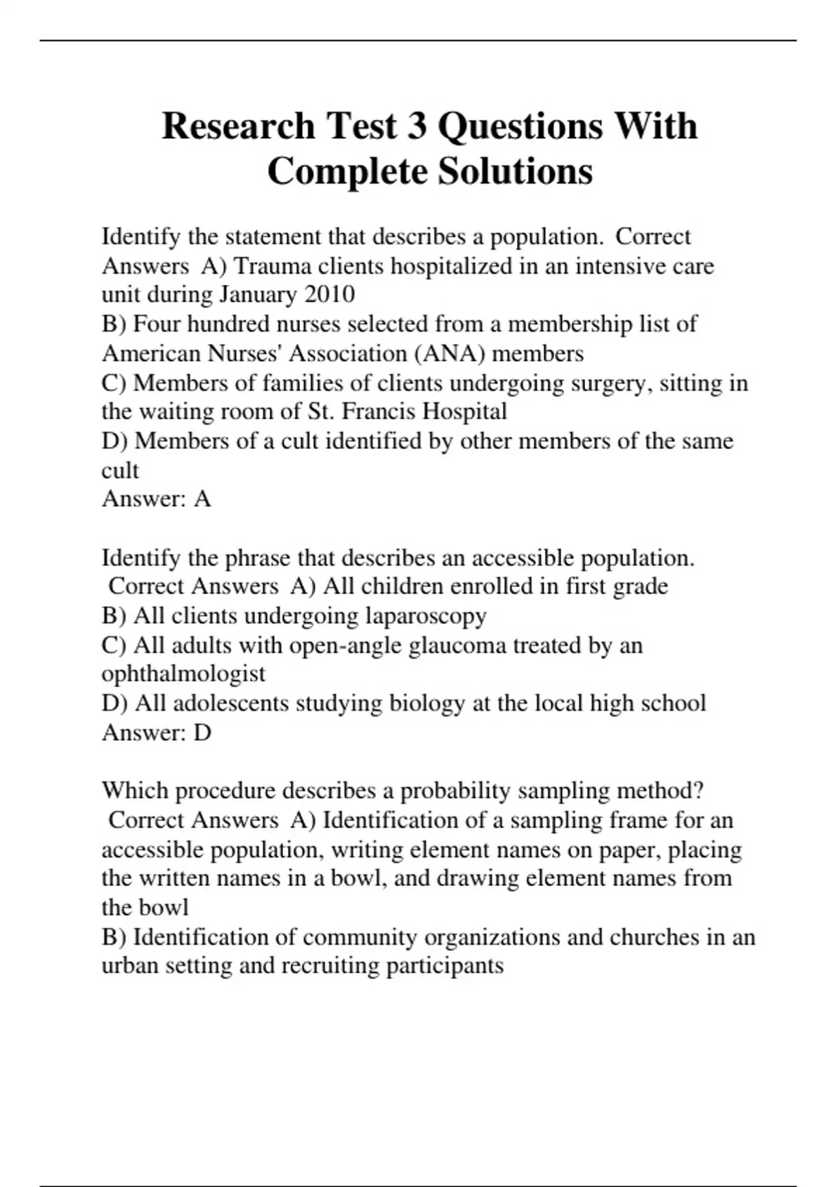 Research Test 3 Questions With Complete Solutions - Research - Stuvia US