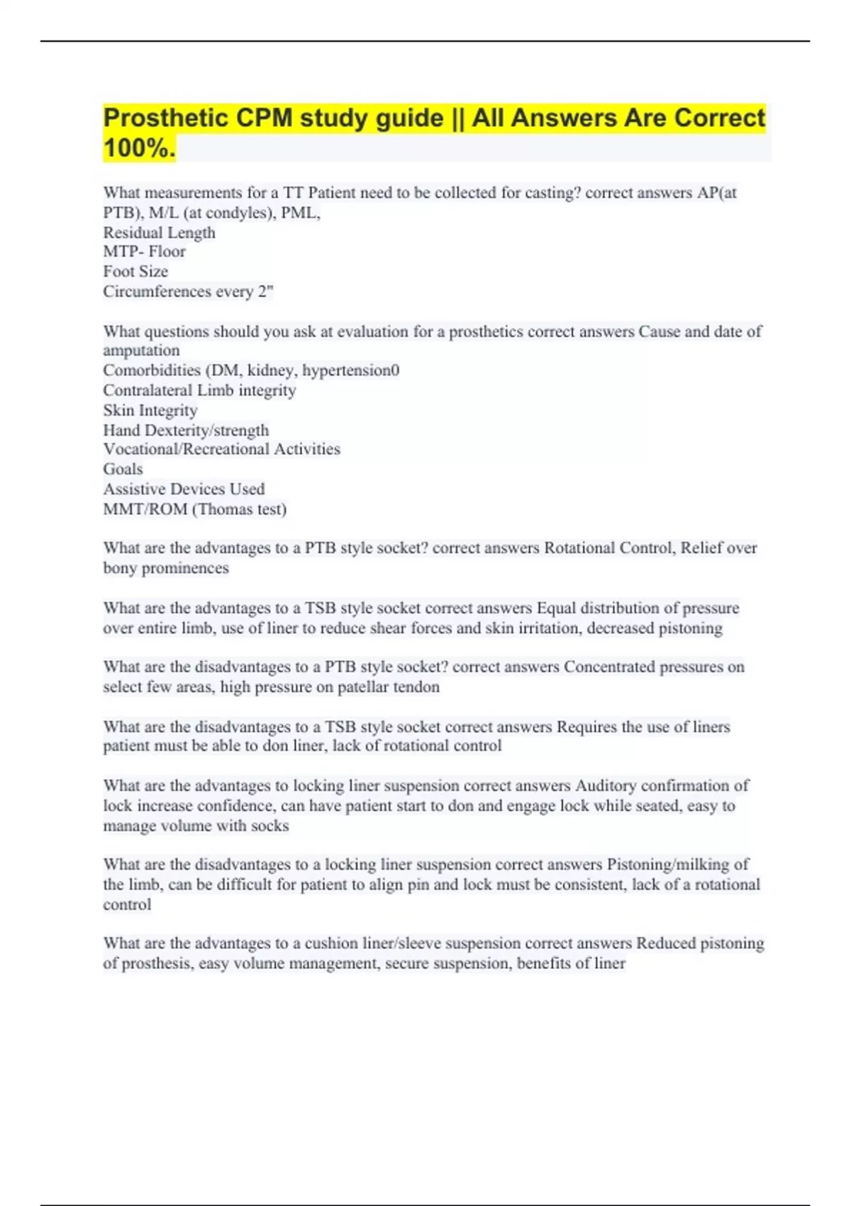 Prosthetic CPM study guide || All Answers Are Correct 100% ...