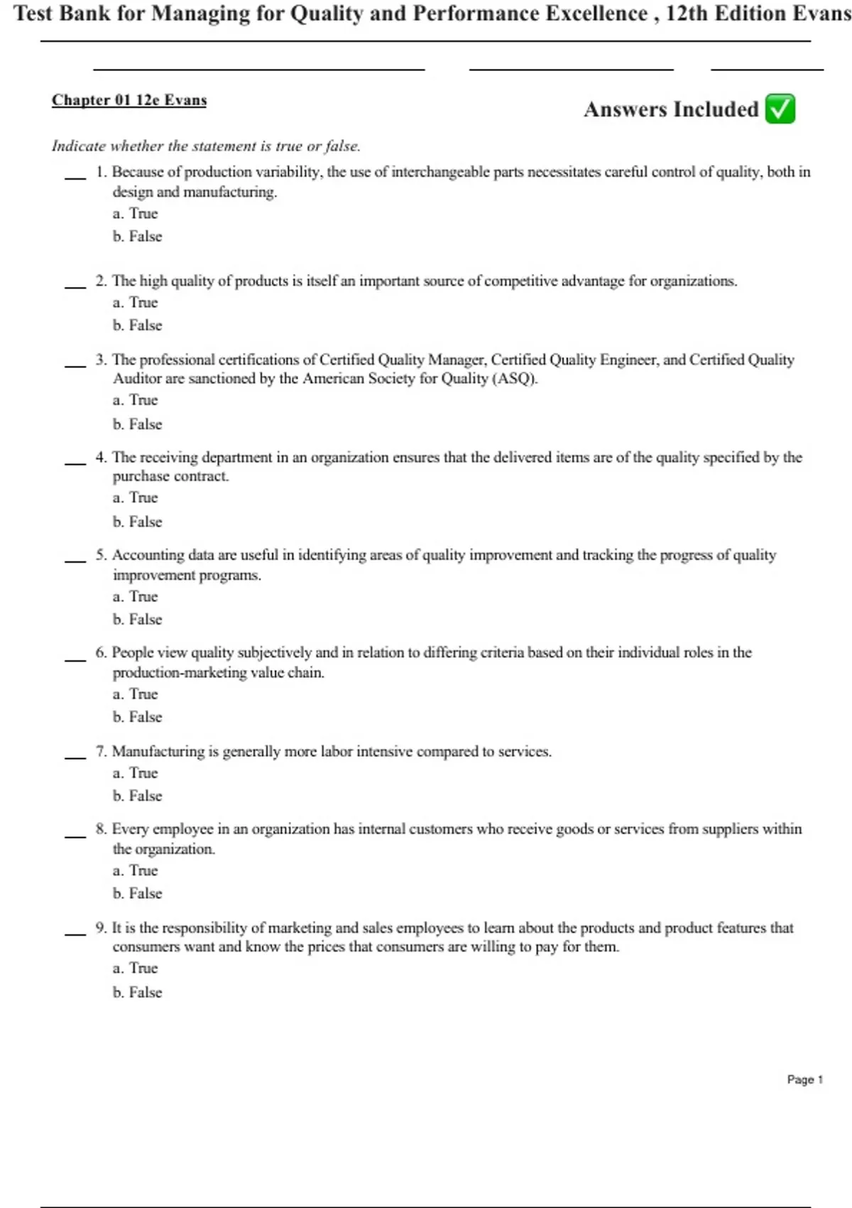 Test Bank for Managing for Quality and Performance Excellence, 12th ...