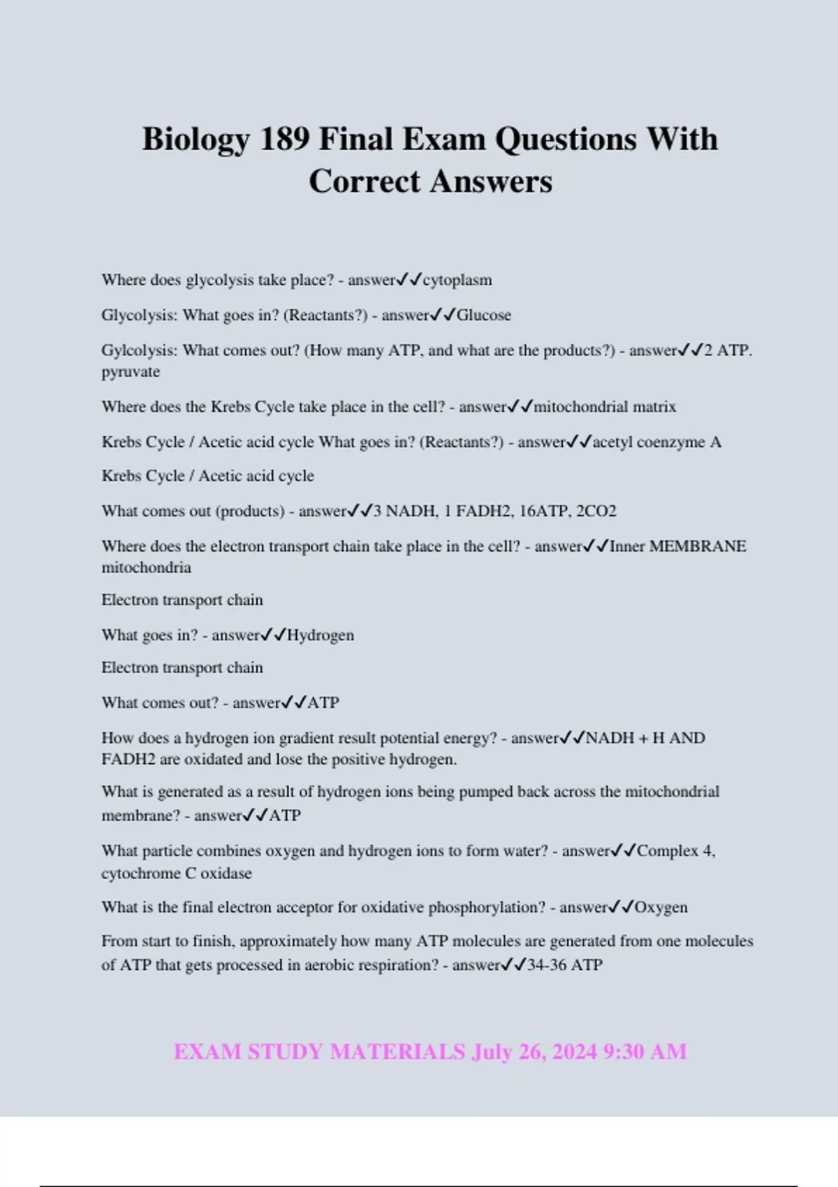 Biology 189 Final Exam Questions With Correct Answers Biology 189