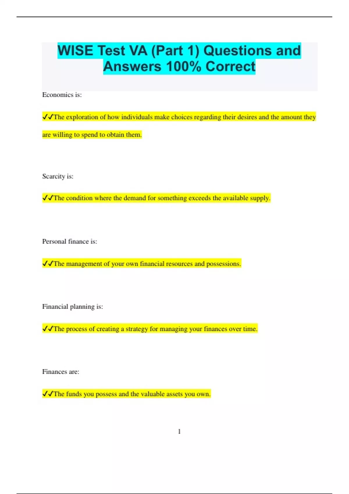 WISE Test VA (Part 1) Questions and Answers 100% Correct - WISE Tst VA - Stuvia US