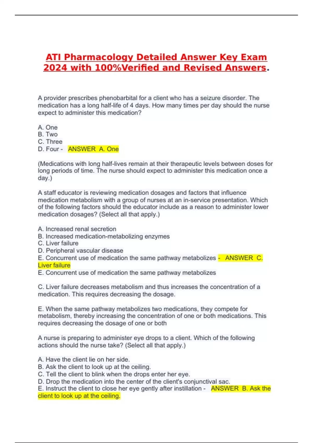 ATI Pharmacology Detailed Answer Key Exam 2024 with 100 - ATI ...