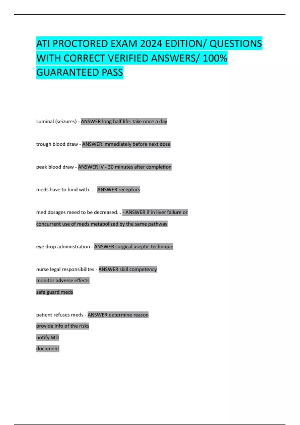 ATI PROCTORED EXAM 2024 EDITION/ QUESTIONS WITH CORRECT VERIFIED ...