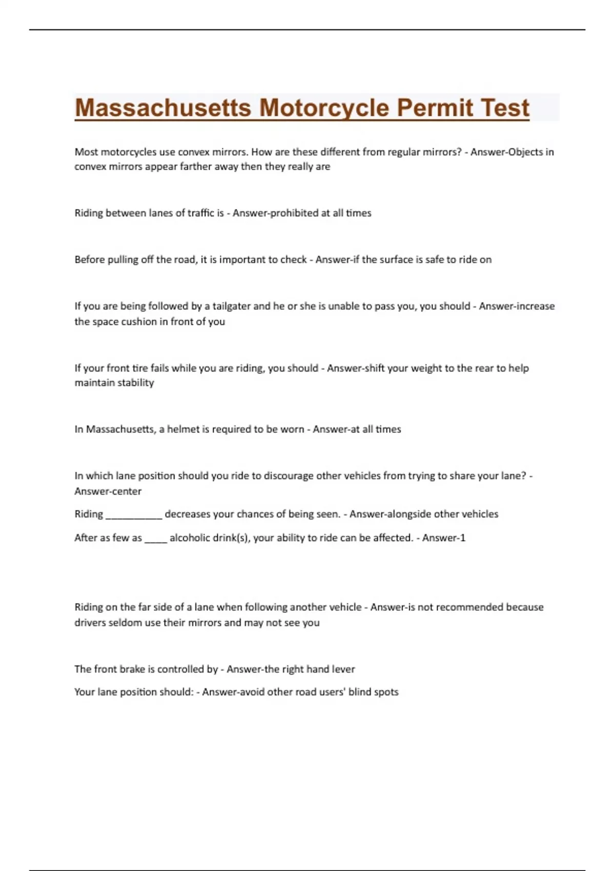 Massachusetts Motorcycle Permit Test Questions and Answers New (2024/2025) Solved 100% Correct ...