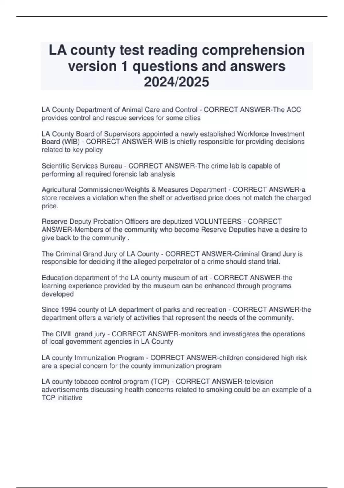 LA county test reading comprehension version 1 questions and answers 2024/2025 - LA county ...