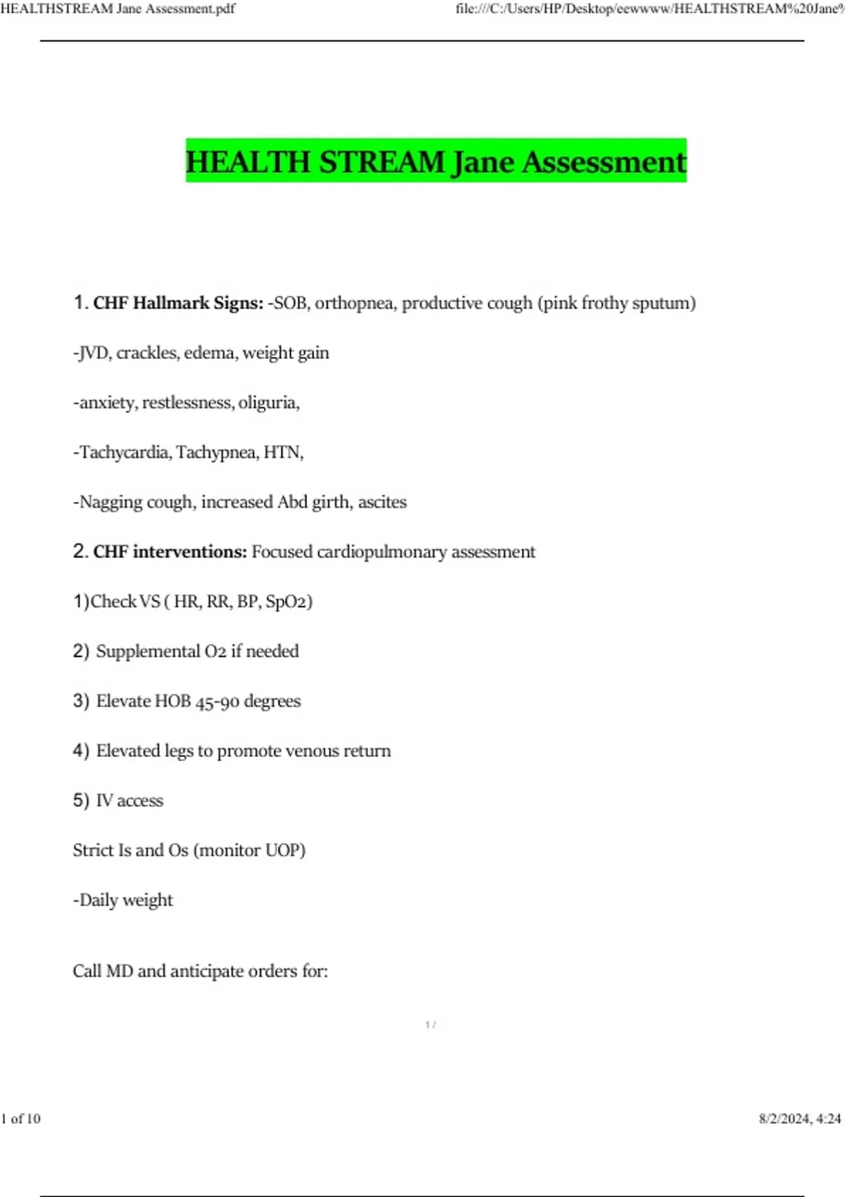 2024 HEALTHSTREAM Jane Assessment Test Exam Exam Questions and Answers