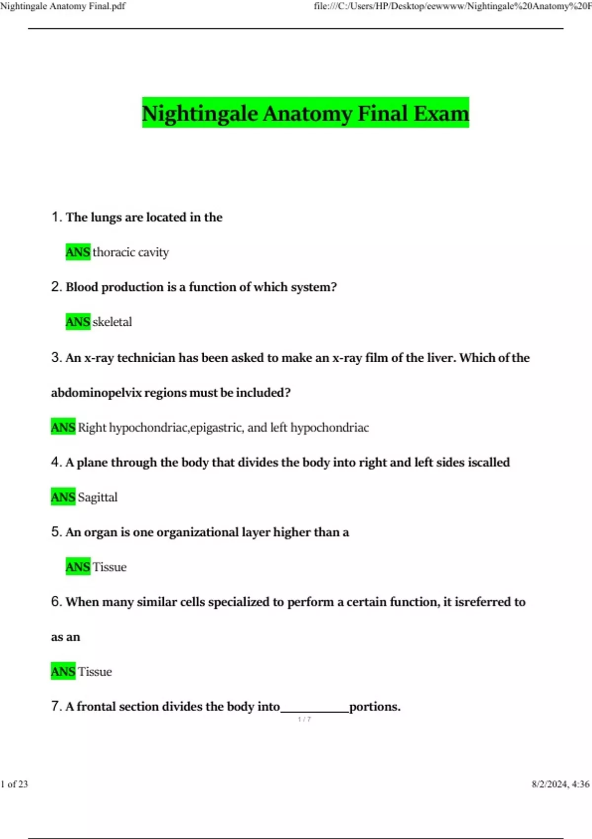 Nightingale Anatomy Final Exam 2026 Questions and Answers 2026 / 2027 ...