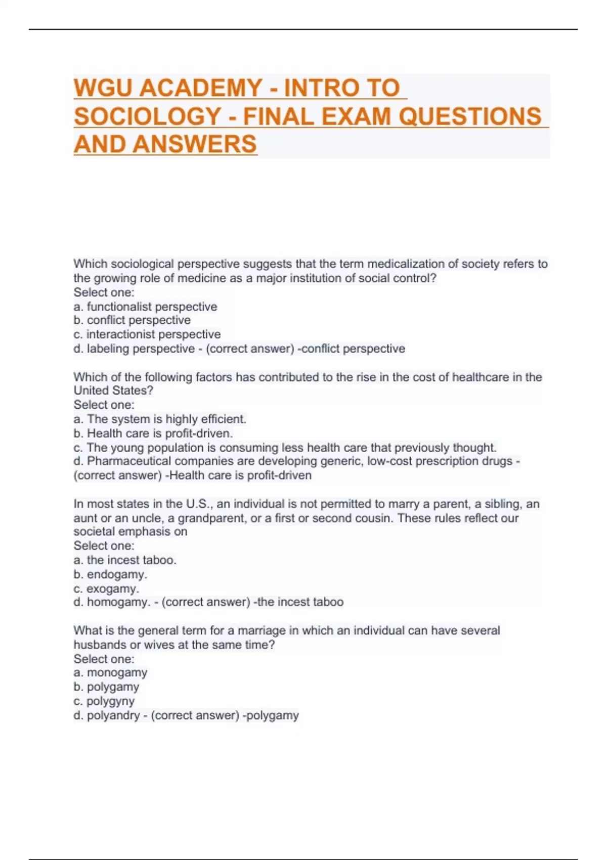 WGU ACADEMY - INTRO TO SOCIOLOGY - FINAL EXAM QUESTIONS AND ANSWERS ...