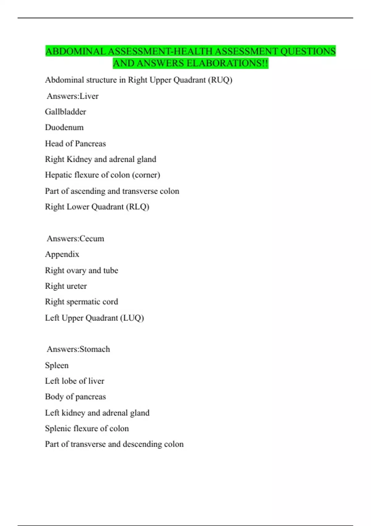 ABDOMINAL ASSESSMENT-HEALTH ASSESSMENT QUESTIONS AND ANSWERS ...