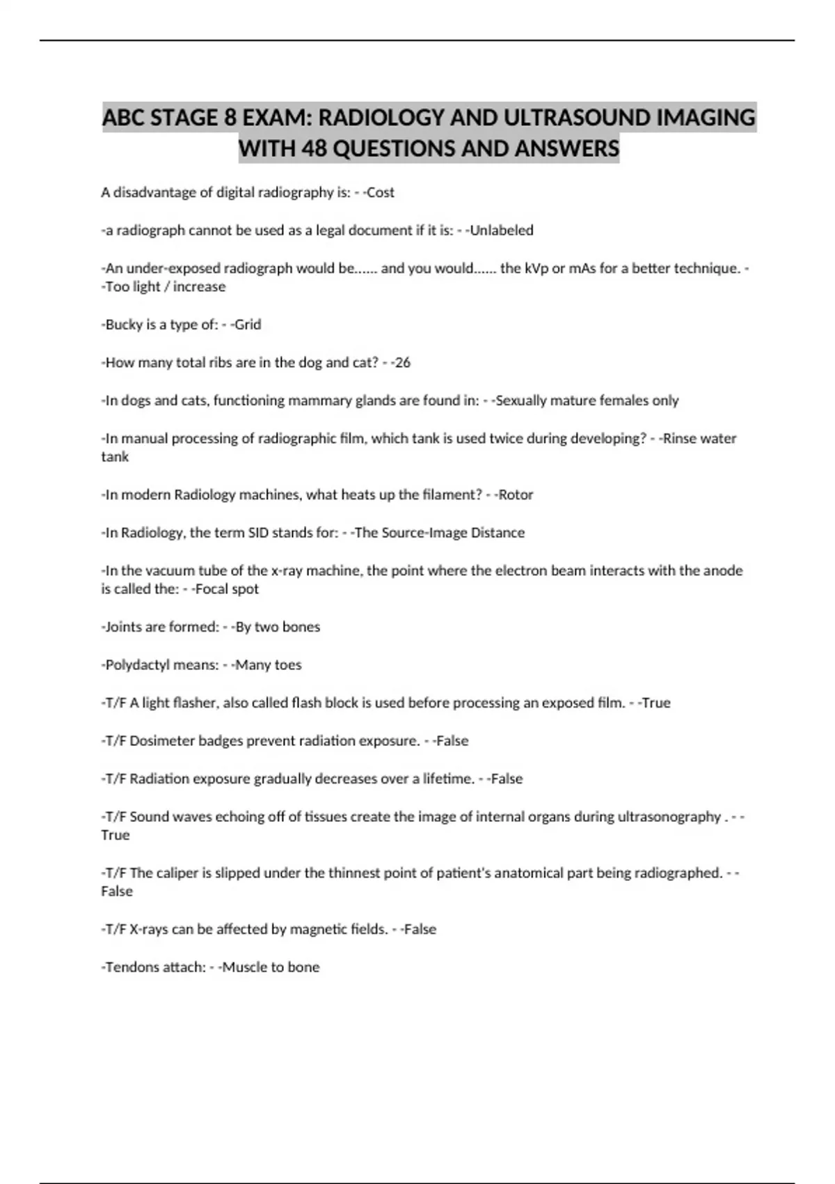 ABC STAGE 8 EXAM: RADIOLOGY AND ULTRASOUND IMAGING WITH 48 QUESTIONS ...