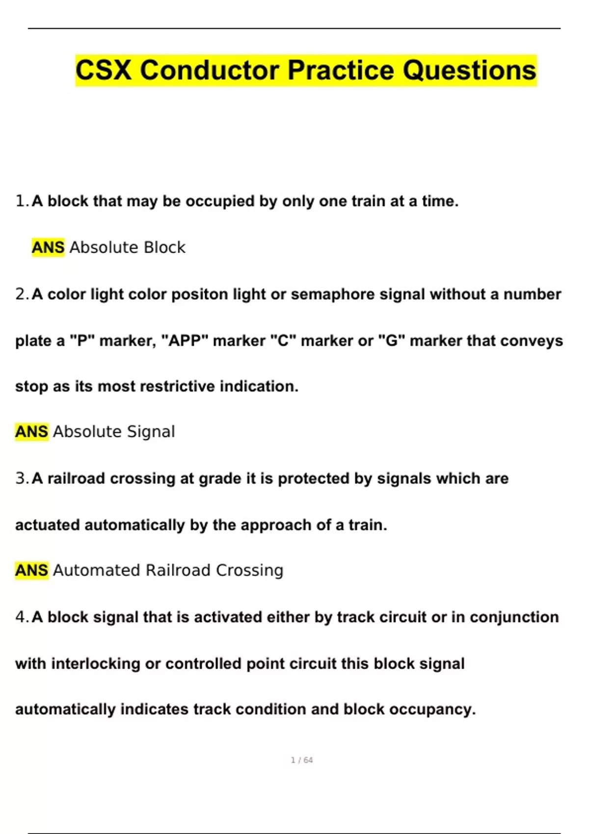 Csxt Conductor CSX Conductor Practice Questions and Answers (2024 / 2025) (Verified ...