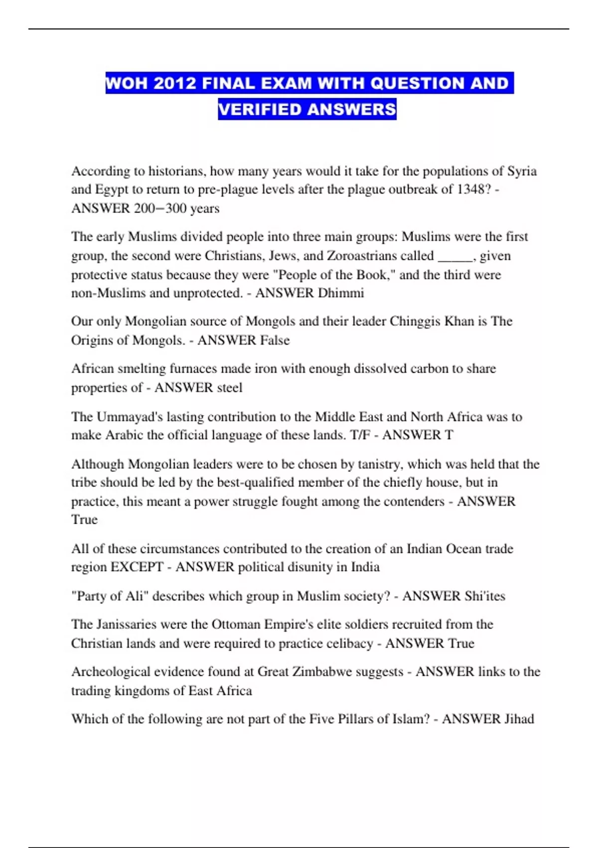 WOH 2012 FINAL EXAM WITH QUESTION AND VERIFIED ANSWERS - WOH 2012 ...
