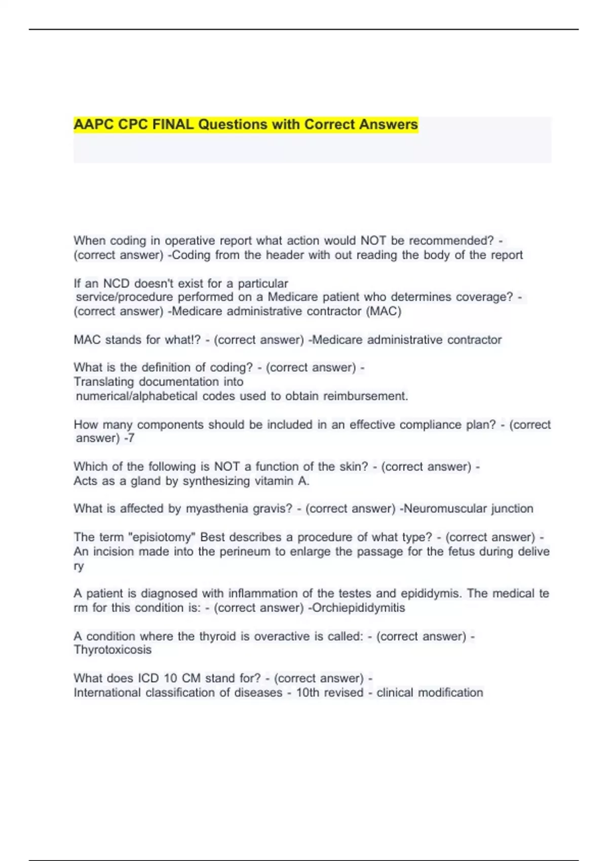 AAPC CPC FINAL Questions with Correct Answers. - AAPC CPC - Stuvia US