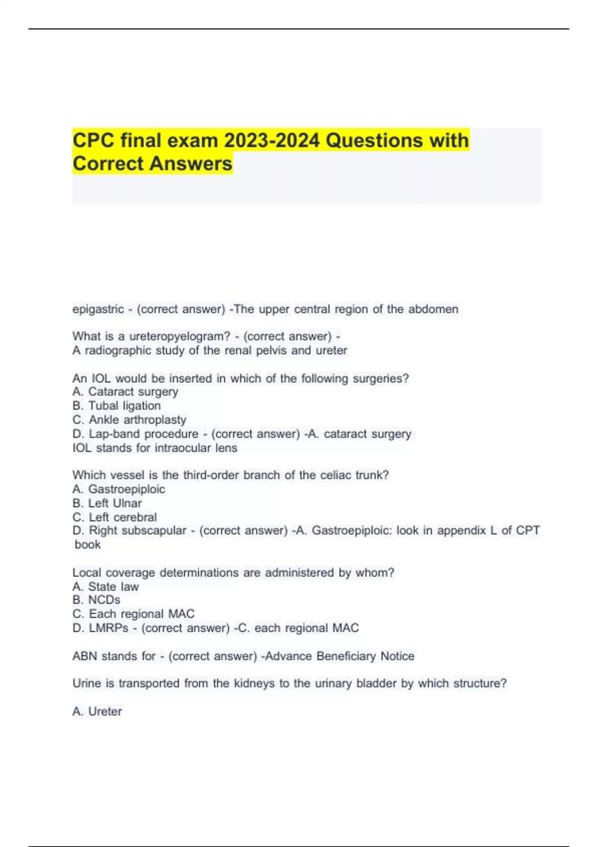 CPC final exam Questions with Correct Answers. - AAPC CPC - Stuvia US
