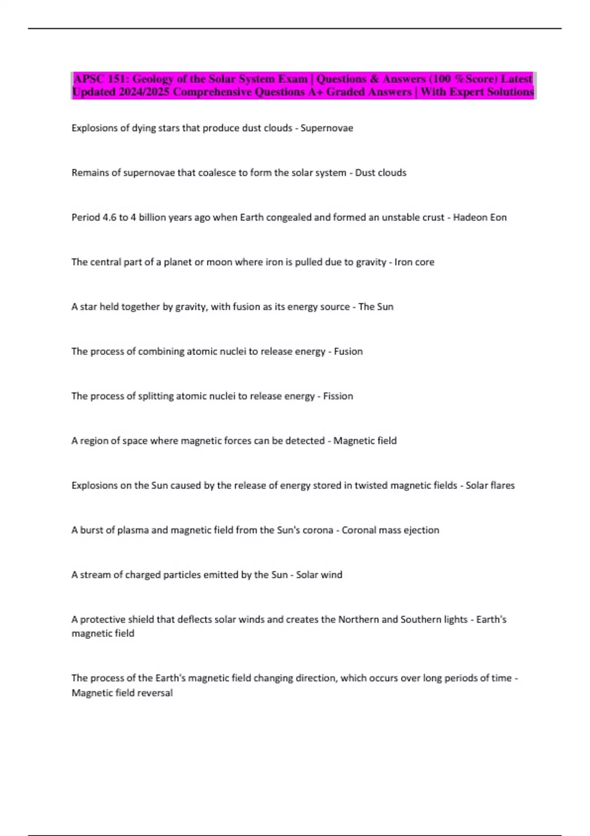 APSC 151: Geology of the Solar System Exam | Questions & Answers (100 ...