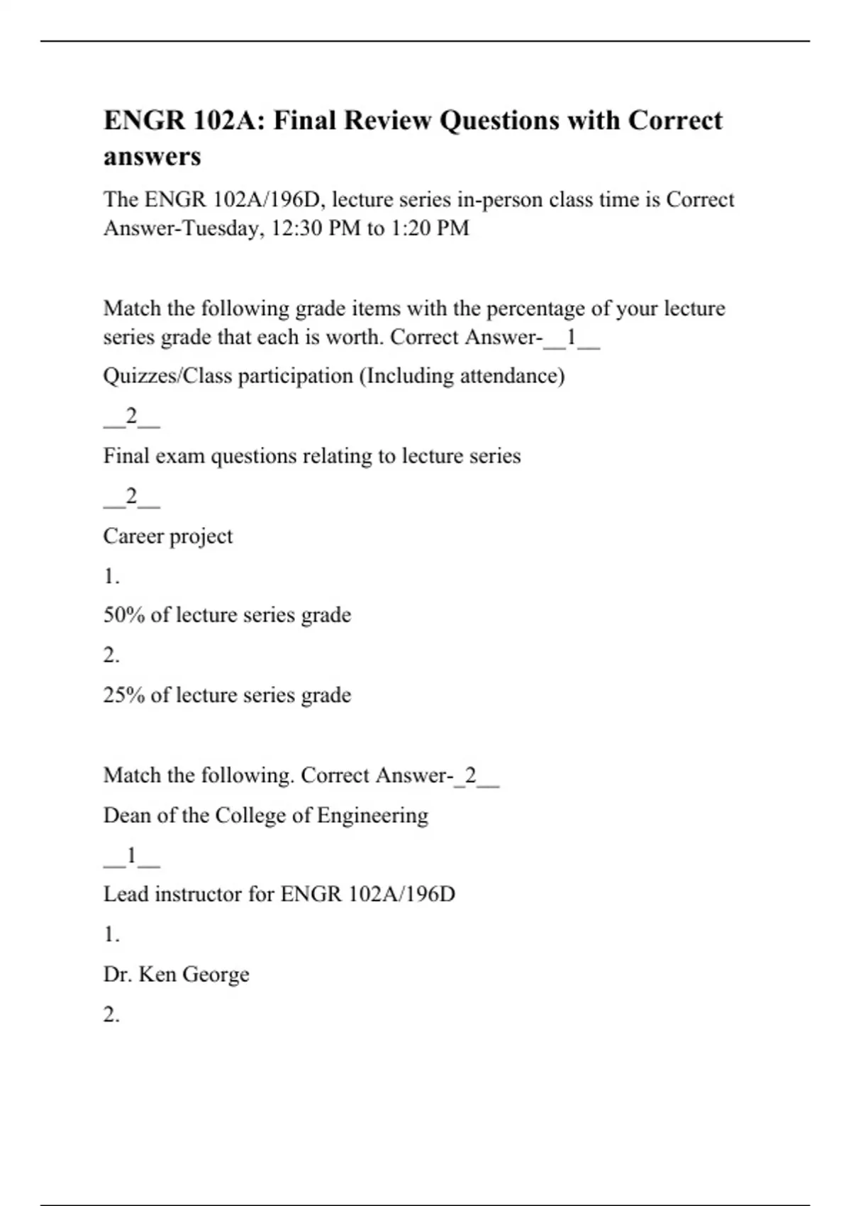 ENGR 102A: Final Review Questions with Correct answers - RN- Nursing ...