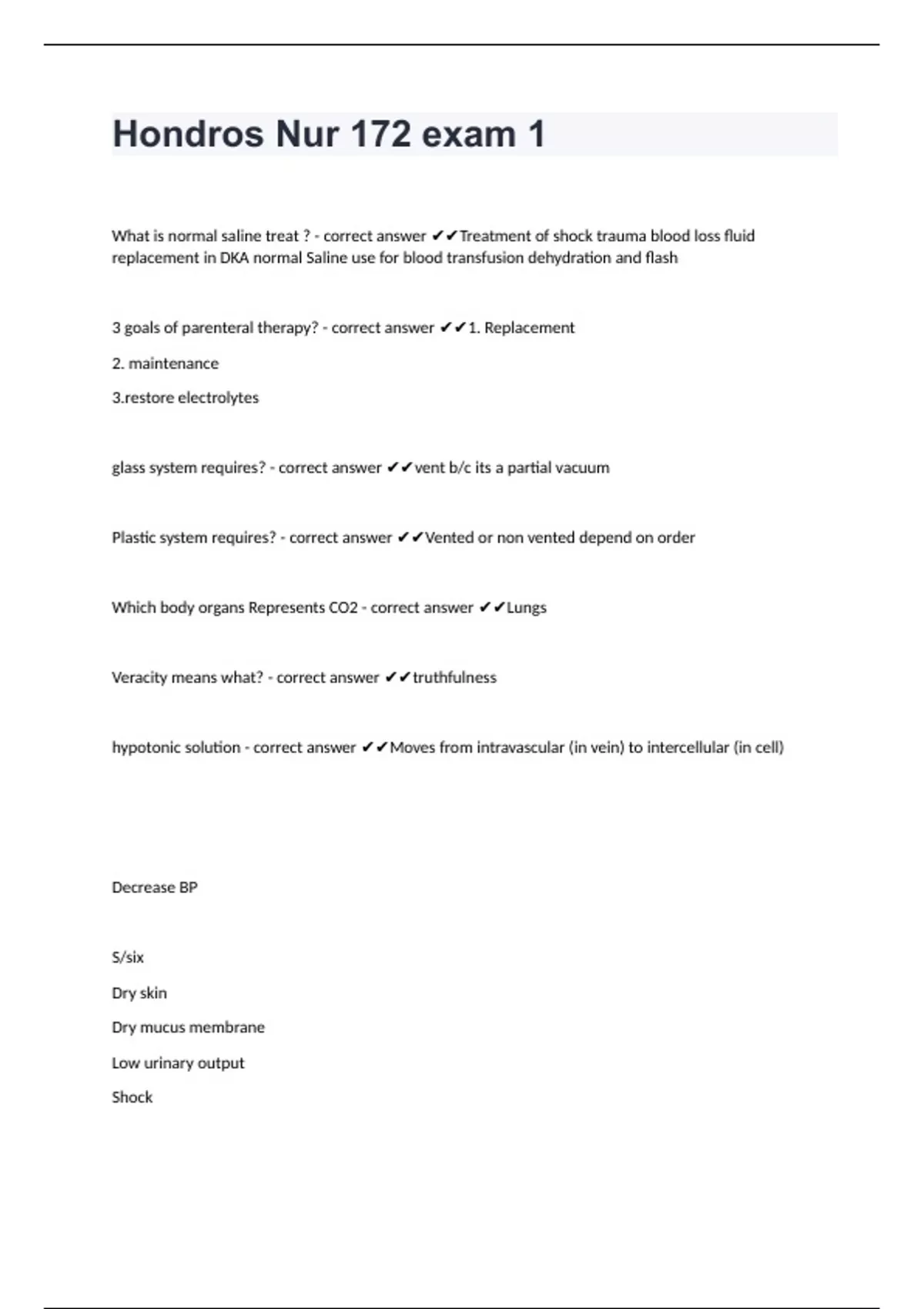Hondros Nur 172 exam 1 questions with complete solutions - Hondros ...