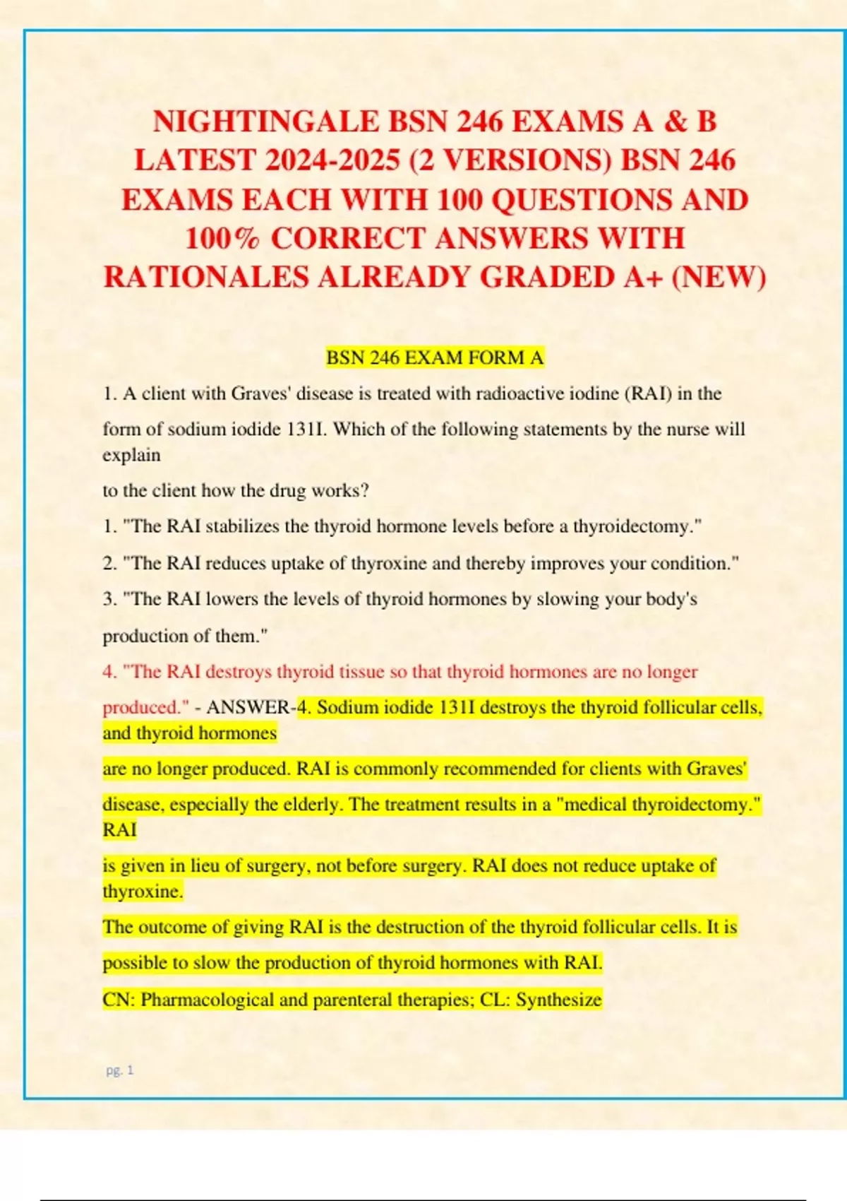 NIGHTINGALE BSN 246 EXAMS A & B LATEST (2 VERSIONS) BSN 246 EXAMS EACH ...