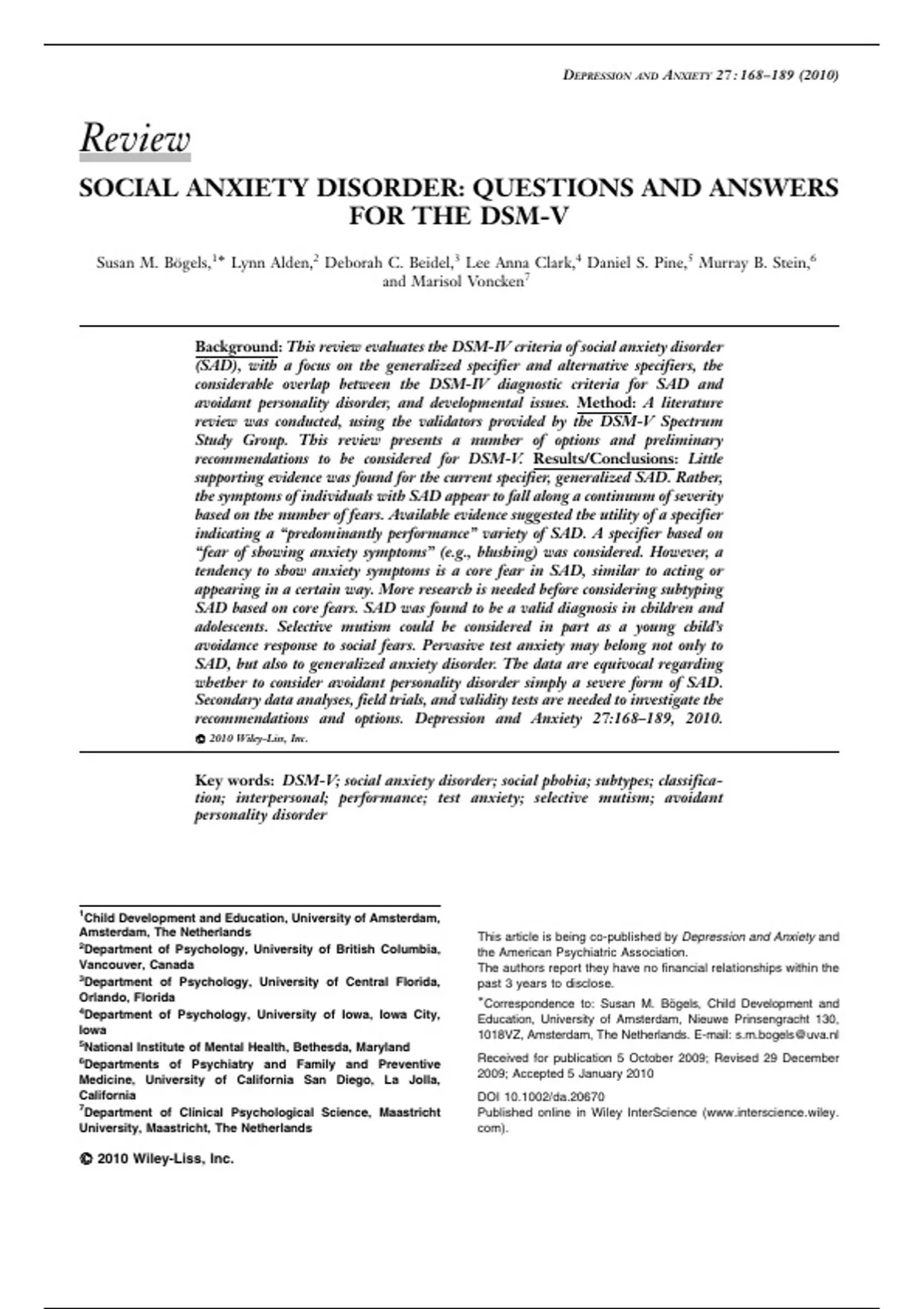 SOCIAL ANXIETY DISORDER: QUESTIONS AND ANSWERS FOR THE DSM-V - SOCIAL ...