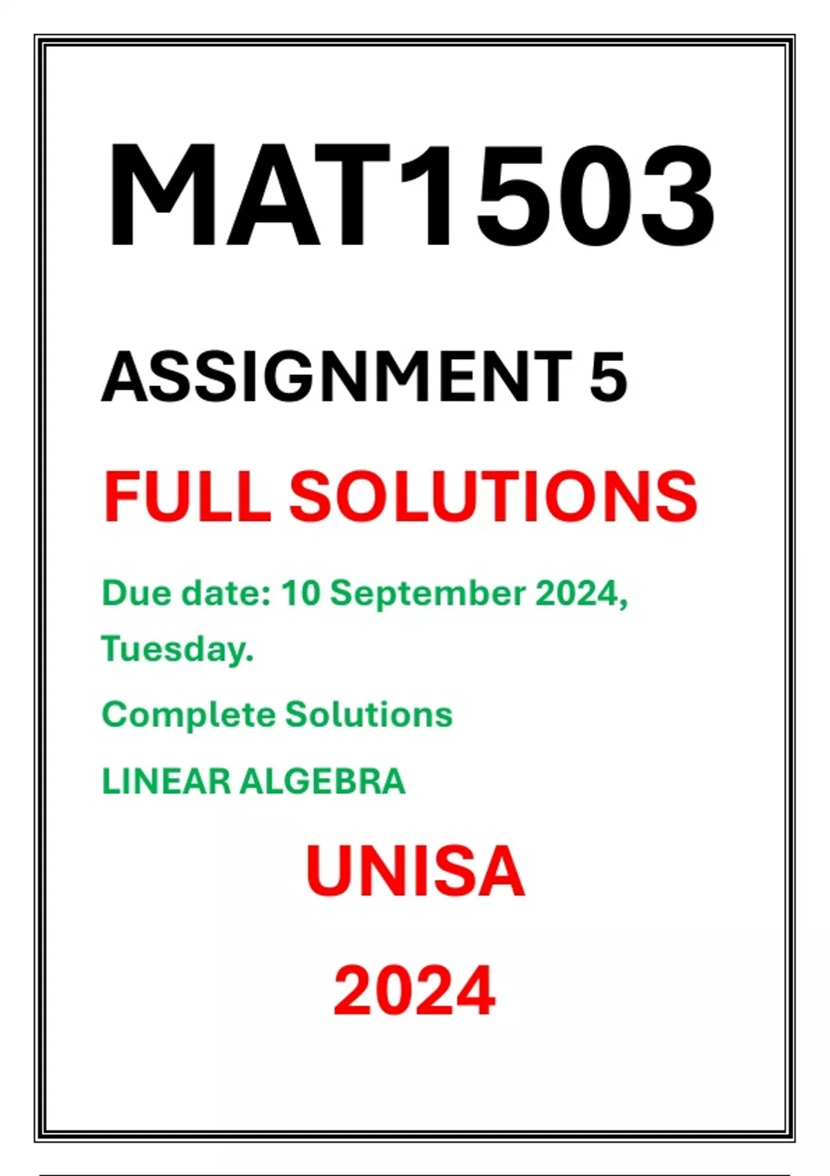 MAT1503 Assignment 5 Complete Solutions UNISA 2024 MEMORANDUM Due date ...