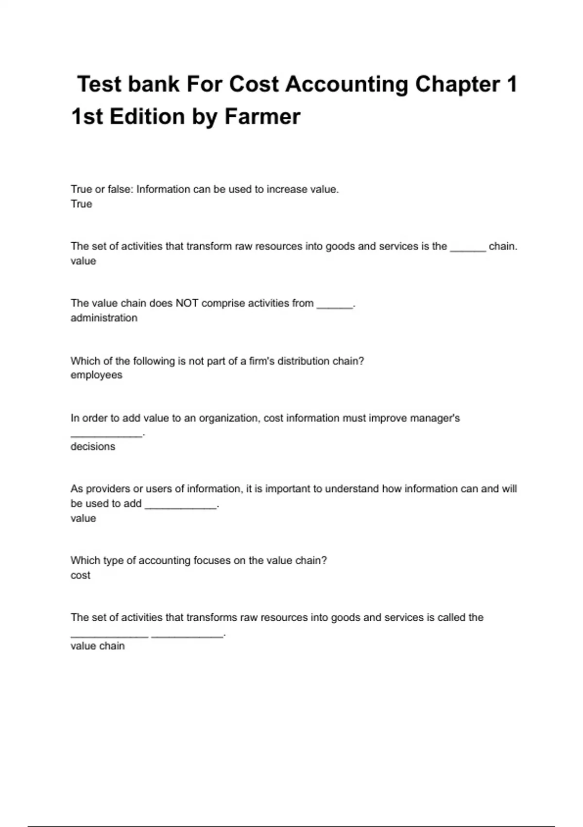 Test bank For Cost Accounting Chapter 1( 1st Edition by Farmer ) - Cost ...