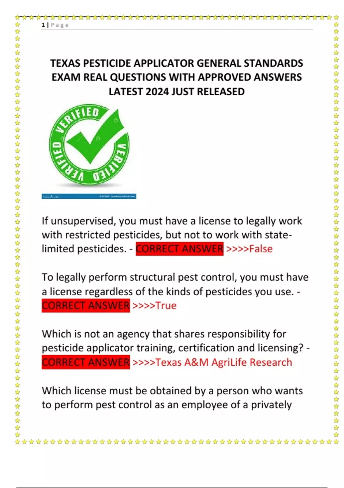 TEXAS PESTICIDE APPLICATOR GENERAL STANDARDS EXAM REAL QUESTIONS WITH  APPROVED ANSWERS LATEST 2024 JUST RELEASED - TEXAS PESTICIDE APPLICATOR  GENERAL STANDARDS - Stuvia US