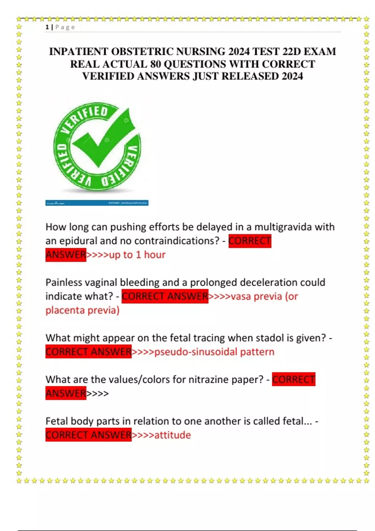 INPATIENT OBSTETRIC NURSING 2024 TEST 22D EXAM REAL ACTUAL 80 QUESTIONS ...