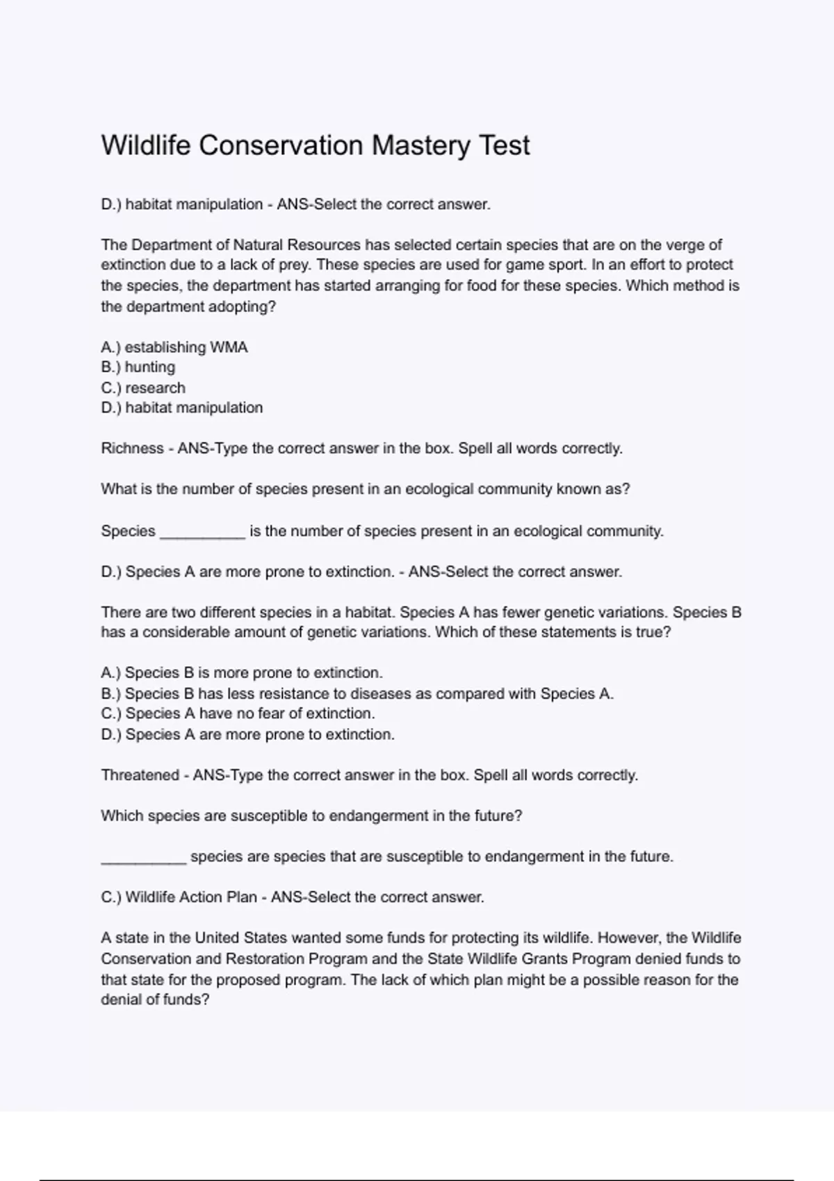 Wildlife Conservation Mastery Test (1) - Wildlife, Conservation, and ...