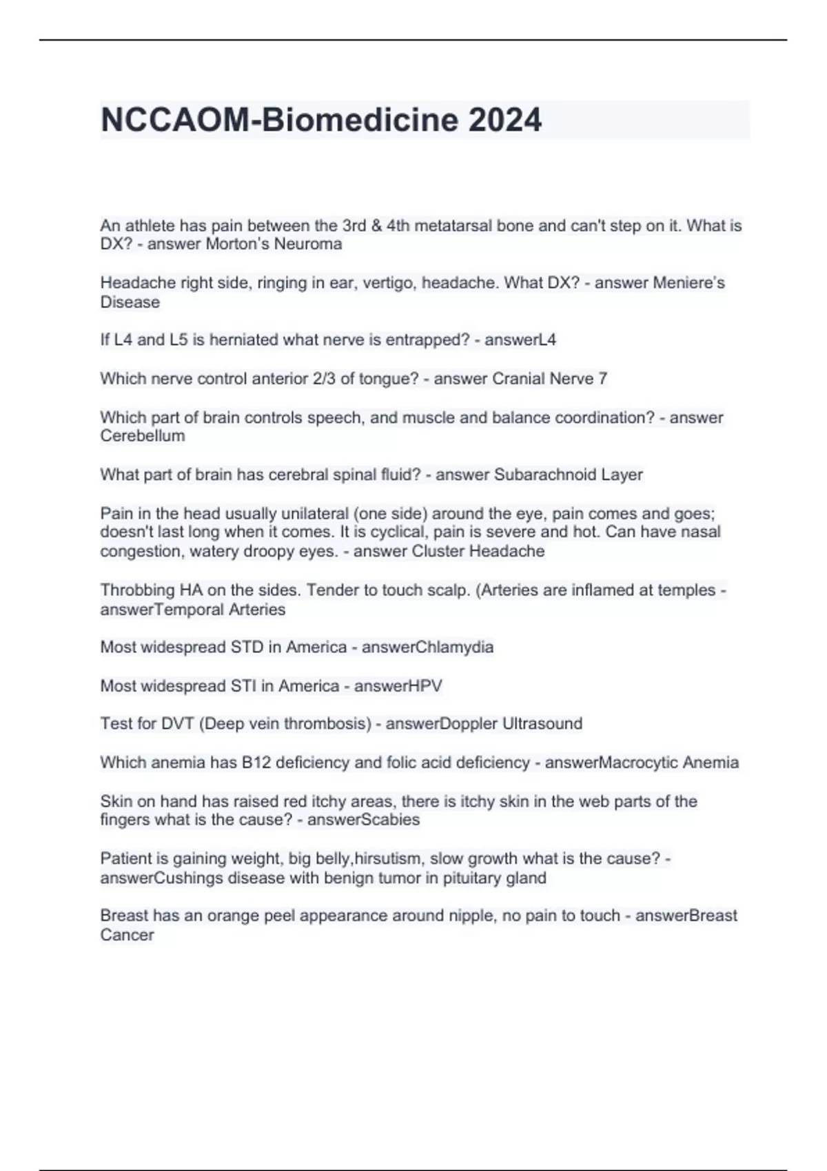 NCCAOM-Biomedicine 2024 Questions with Accurate Answers - NCCAOM ...