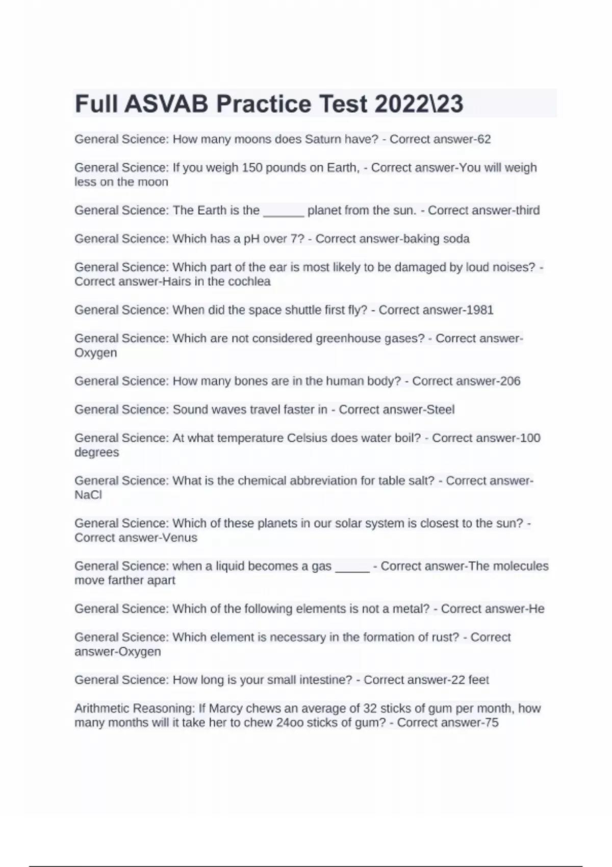 Full ASVAB Practice Test - ASVAB - Stuvia US