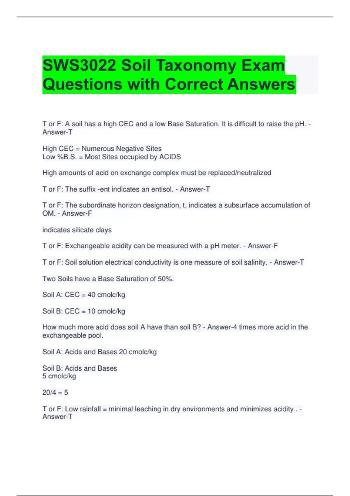 SWS3022 Soil Taxonomy Exam Questions with Correct Answers - SWS3022 ...