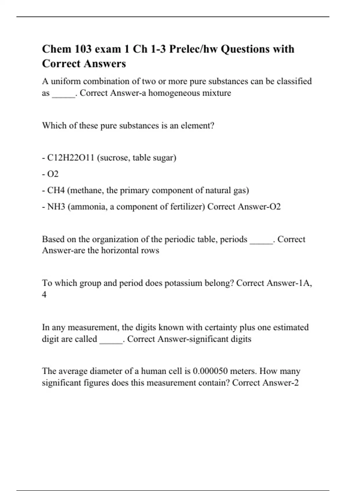 Chem 103 exam 1 Ch 1-3 Prelec/hw Questions with Correct Answers ...