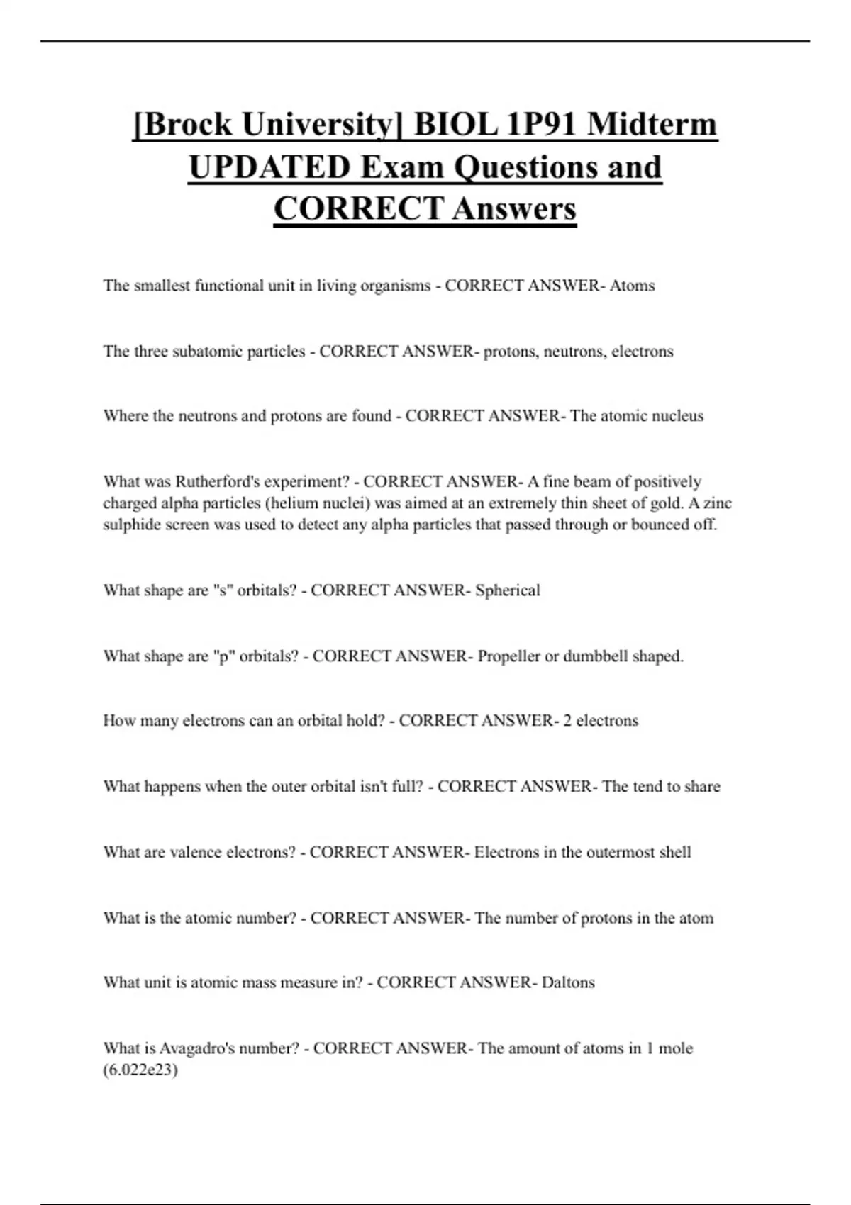 [Brock University] BIOL 1P91 Midterm UPDATED Exam Questions and CORRECT ...